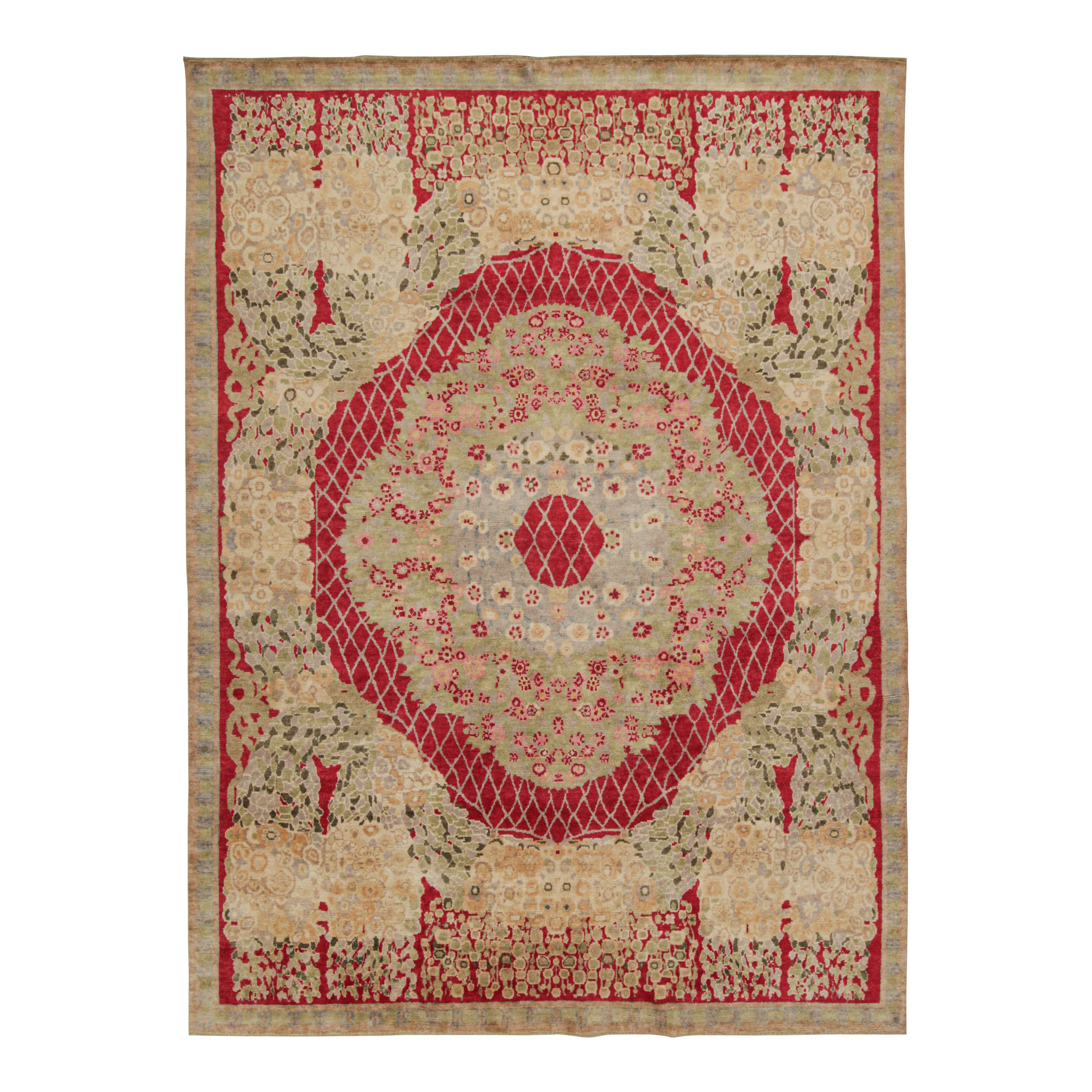 Rug & Kilim’s French Style Art Deco Rug in Red, Green, Gold & Blue Patterns For Sale