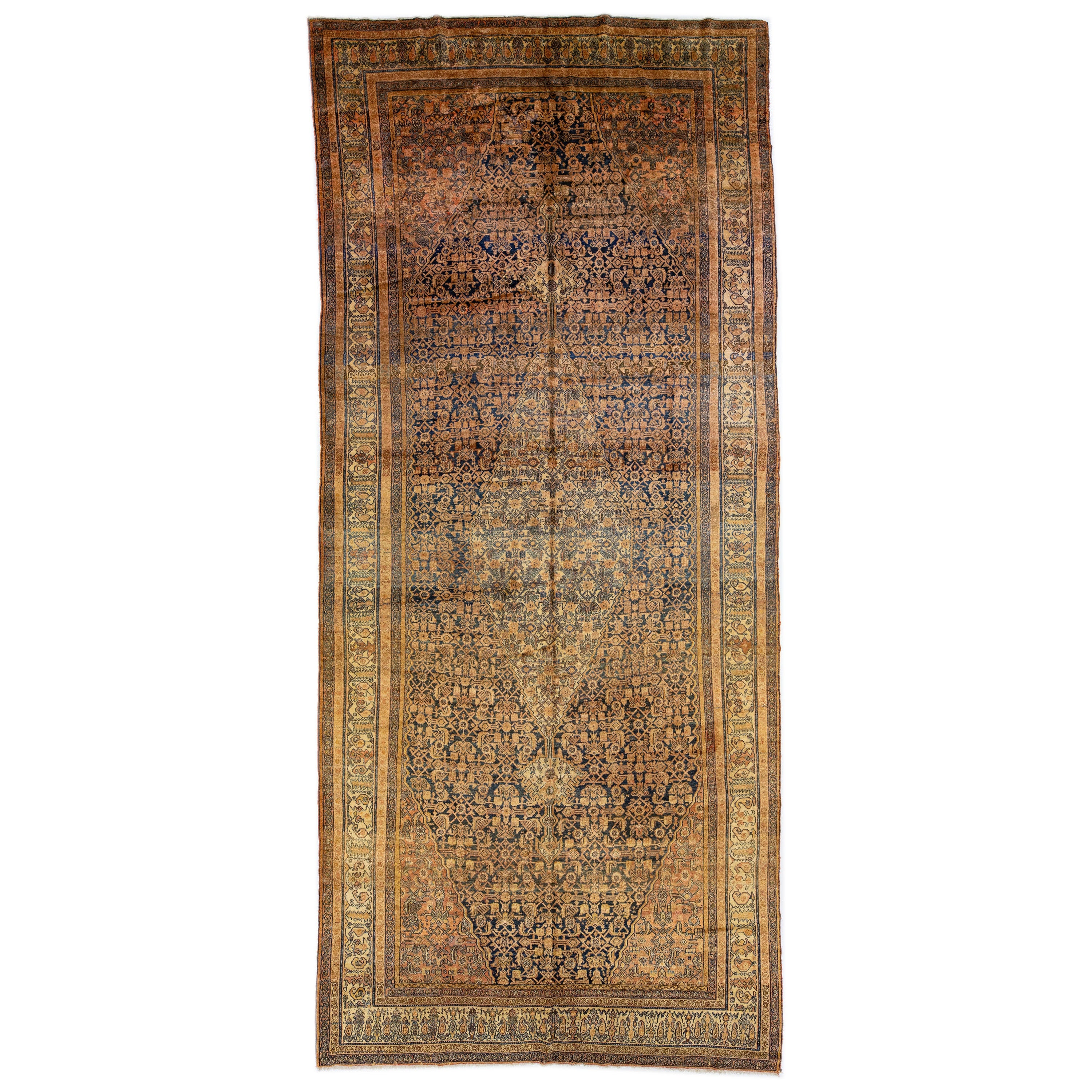 Antique Persian Malayer Gallery Wool Rug with Tan Medallion Design For Sale