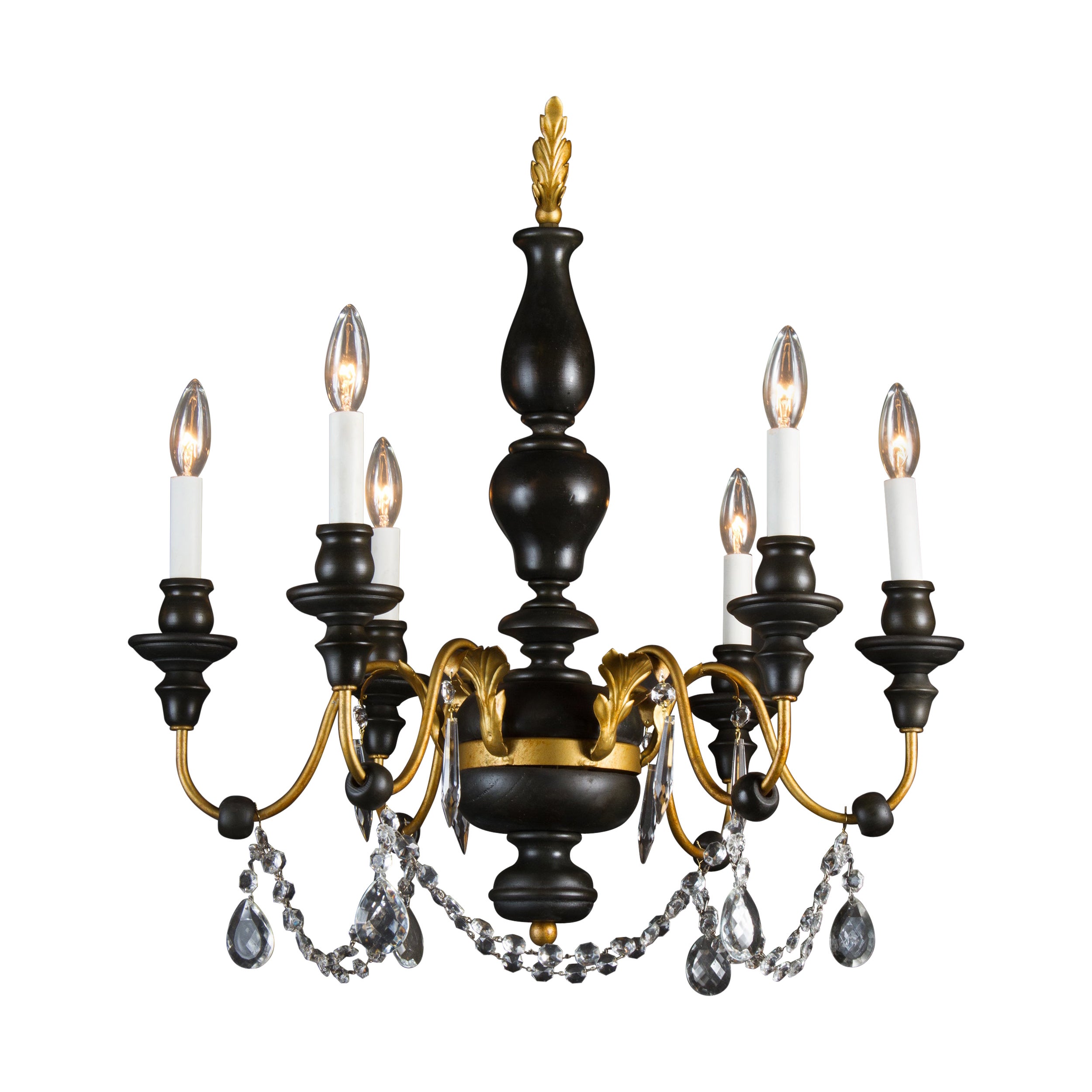 Italian Black and Gold Crystal and Wood Chandelier with Iron and Tole elements  For Sale
