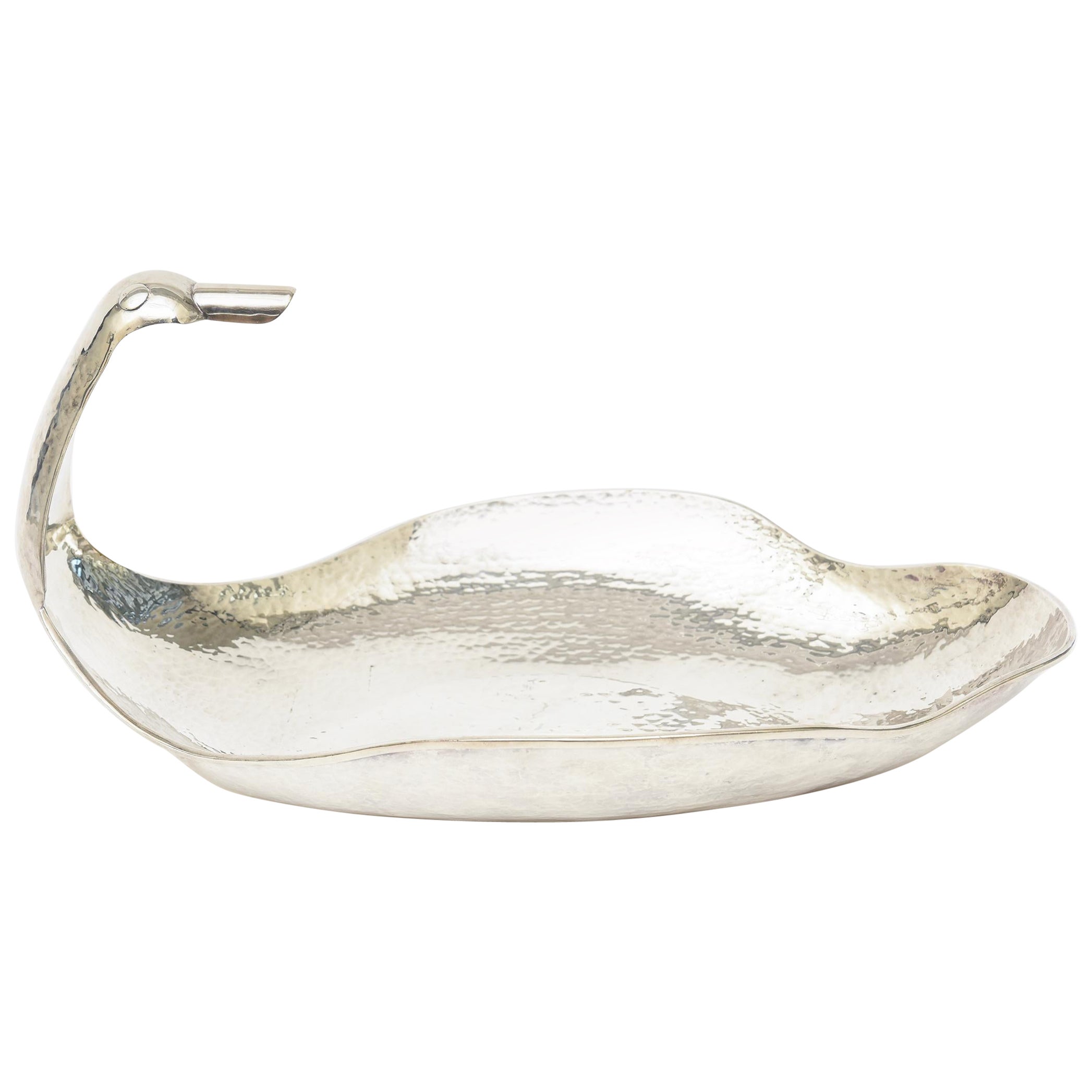 Hand-Hammered Silver Plate Duck Scalloped Serving Bowl Vintage For Sale