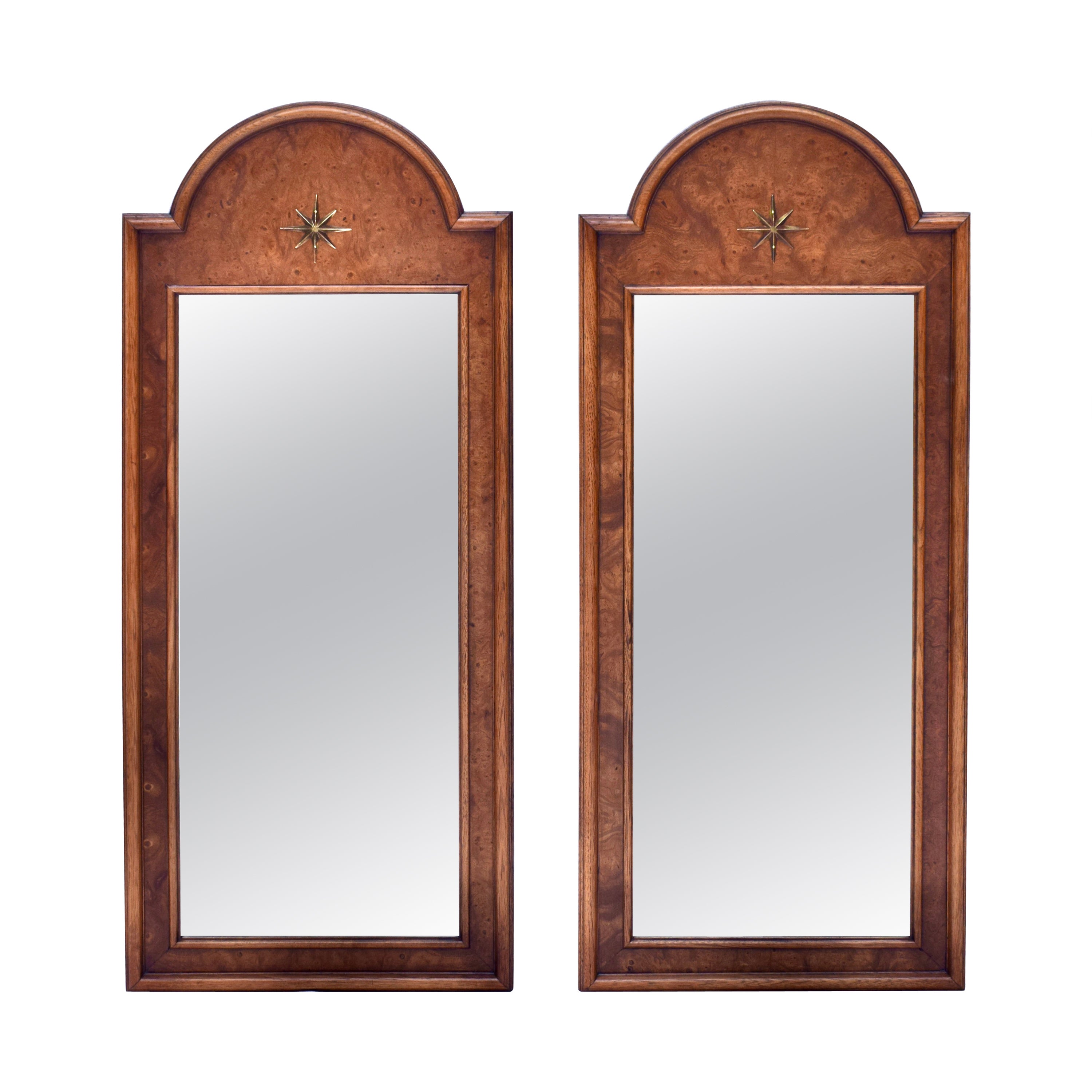 Midcentury Italian Serliana Palladian Style Burl-Wood Beveled Wall Mirrors For Sale