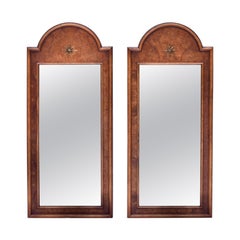 Midcentury Italian Serliana Palladian Style Burl-Wood Beveled Wall Mirrors