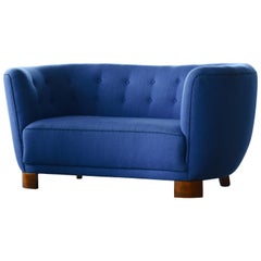 Vintage Curved Banana Shape Loveseat or Sofa Denmark, 1940s in Blue Wool