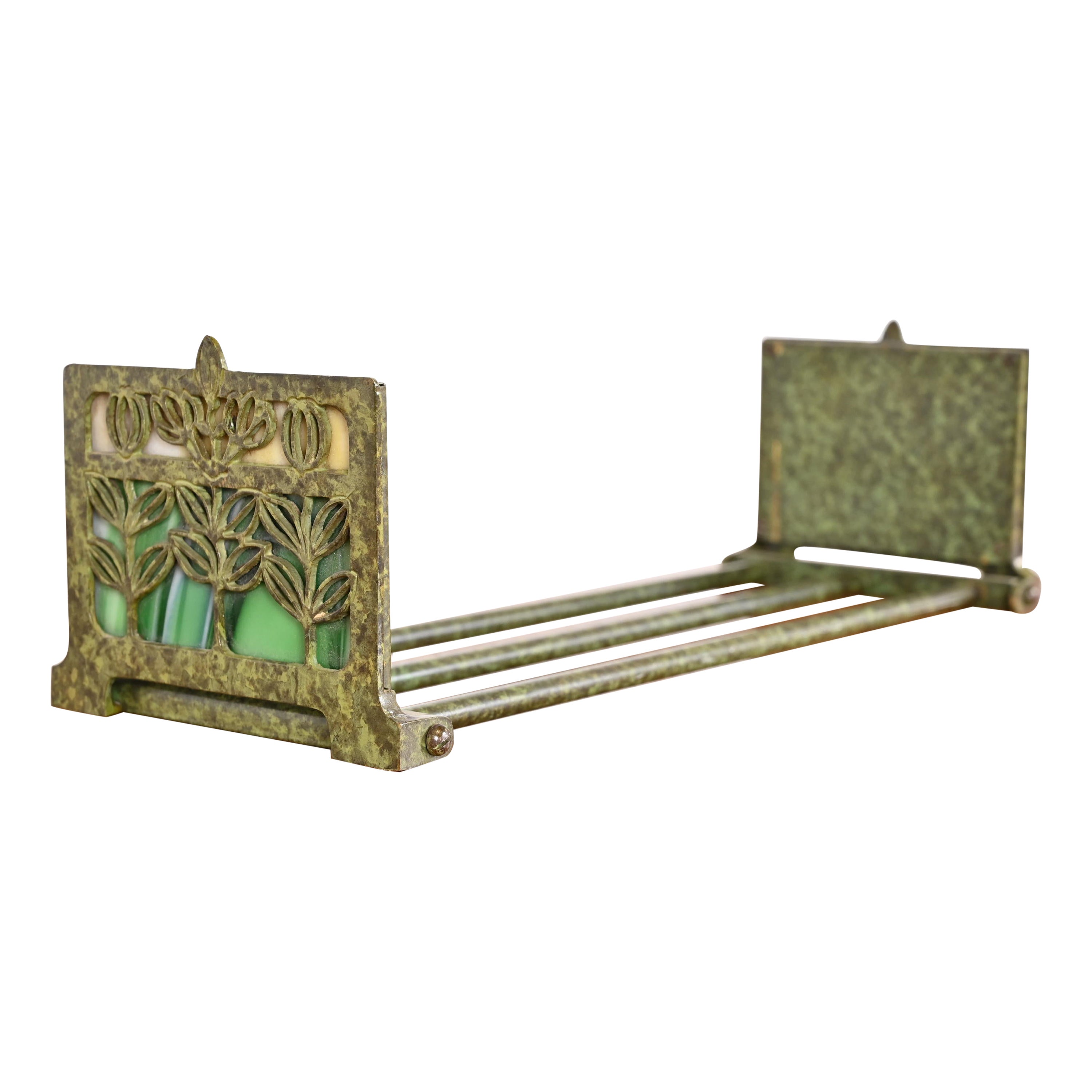 Bradley and Hubbard Art Nouveau Bronze and Slag Glass Expandable Book Rack For Sale