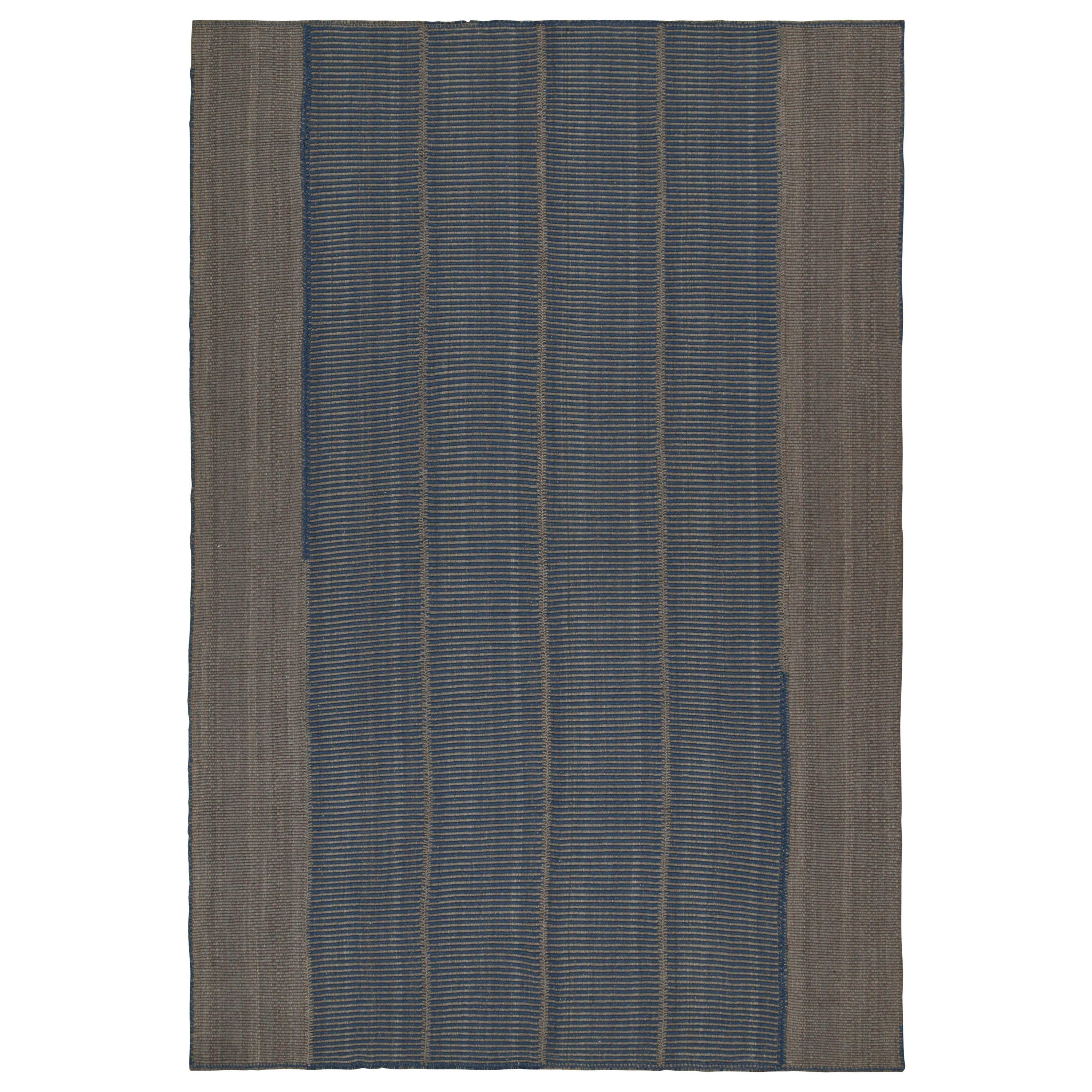 Rug & Kilim’s Contemporary Kilim in Blue and Gray with Stripes & Brown Accents
