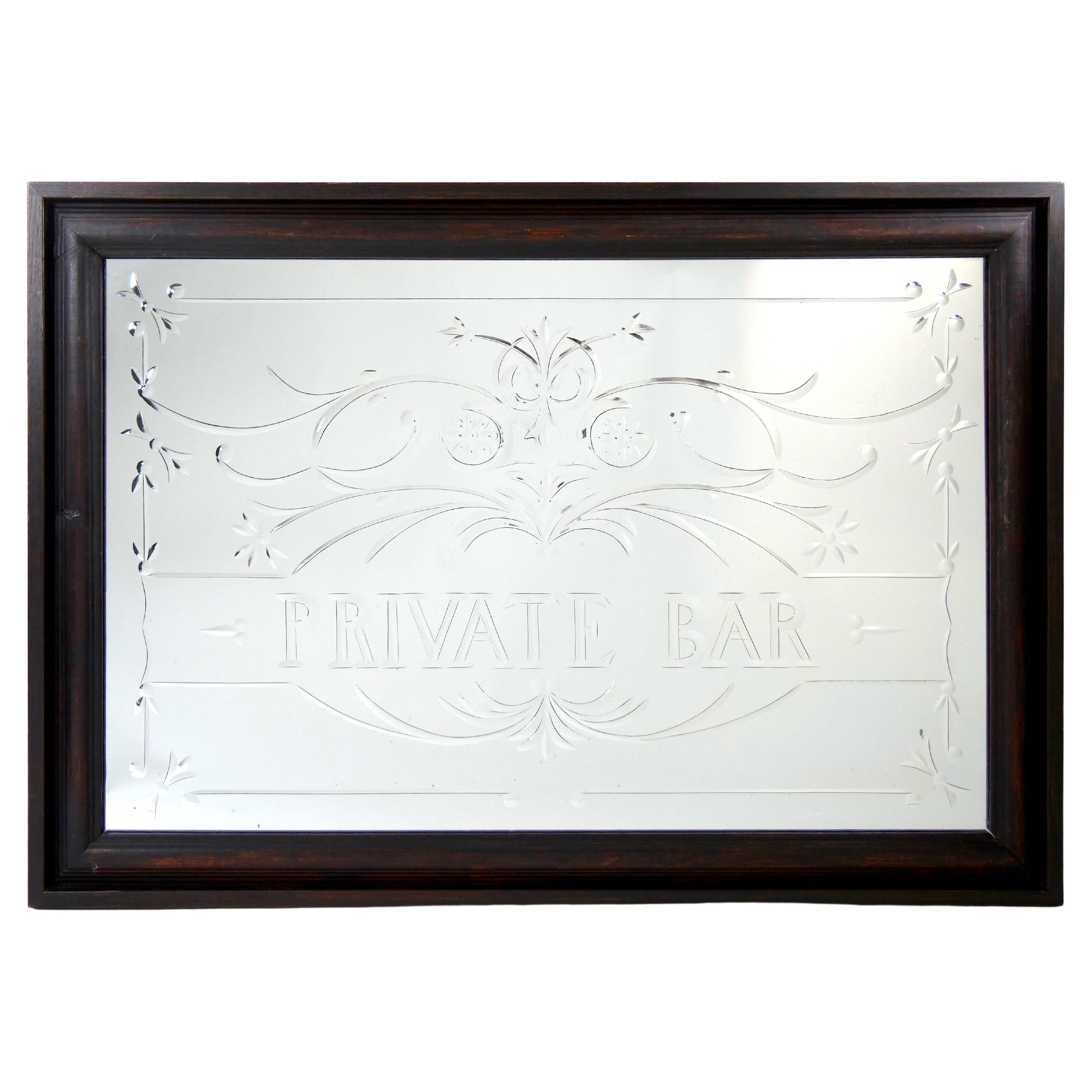 Wood Frame Wheel Cut Foliage Motifs "Private Bar" Wall Mirror For Sale