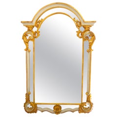 Italian Gilt Wood  & Paint Decorated Frame  Hanging Wall Beveled Mirror