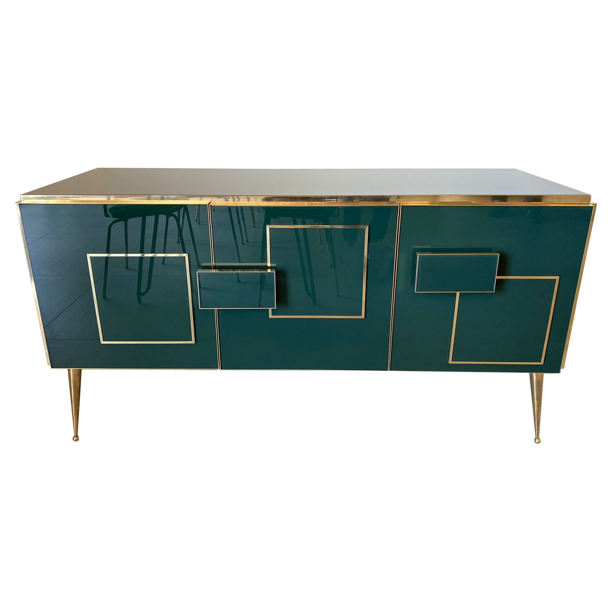 Italian Contemporary Green Murano Glass, Brass and Wood Sideboard For Sale