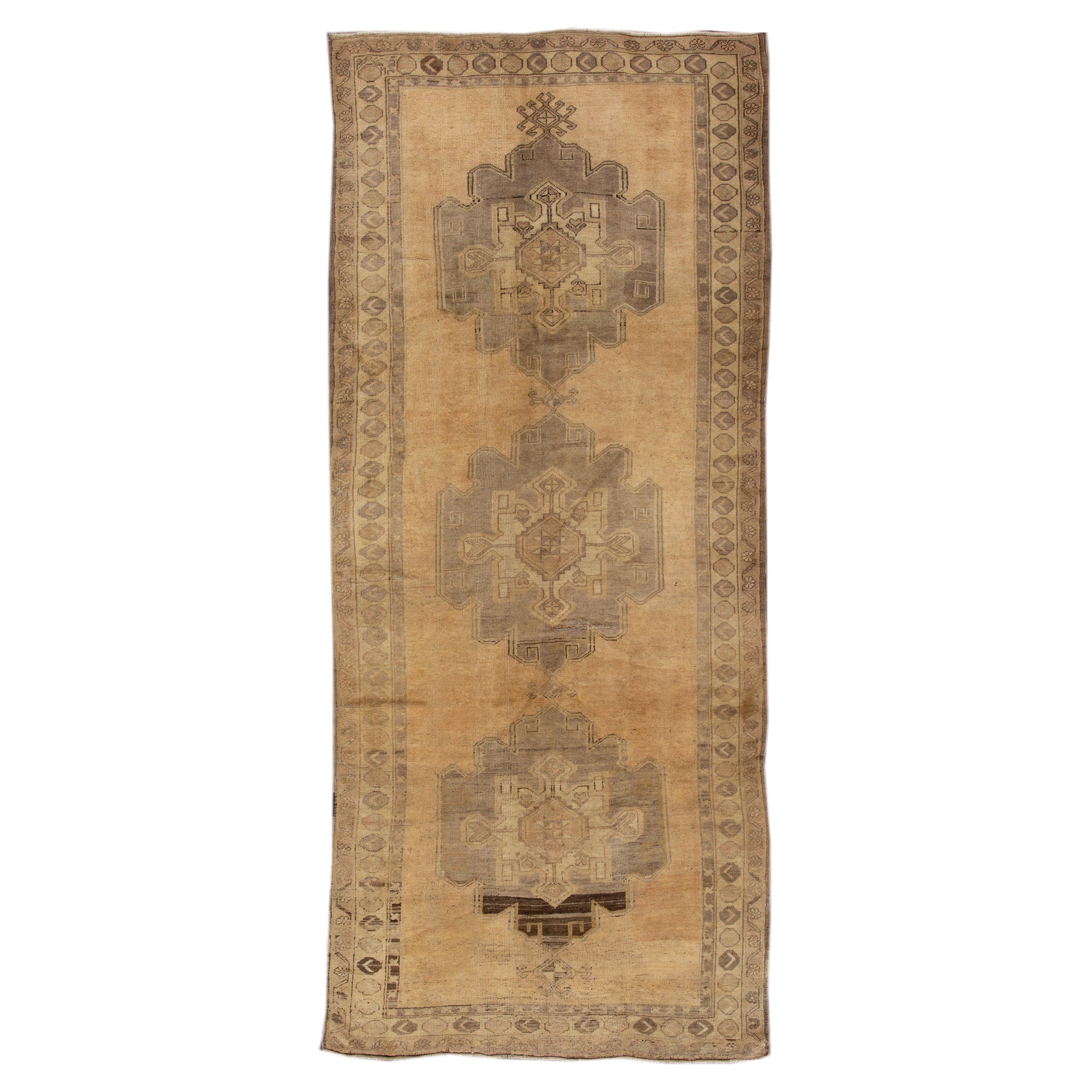 1920s Antique Turkish Khotan Handmade Tan Wool Runner For Sale