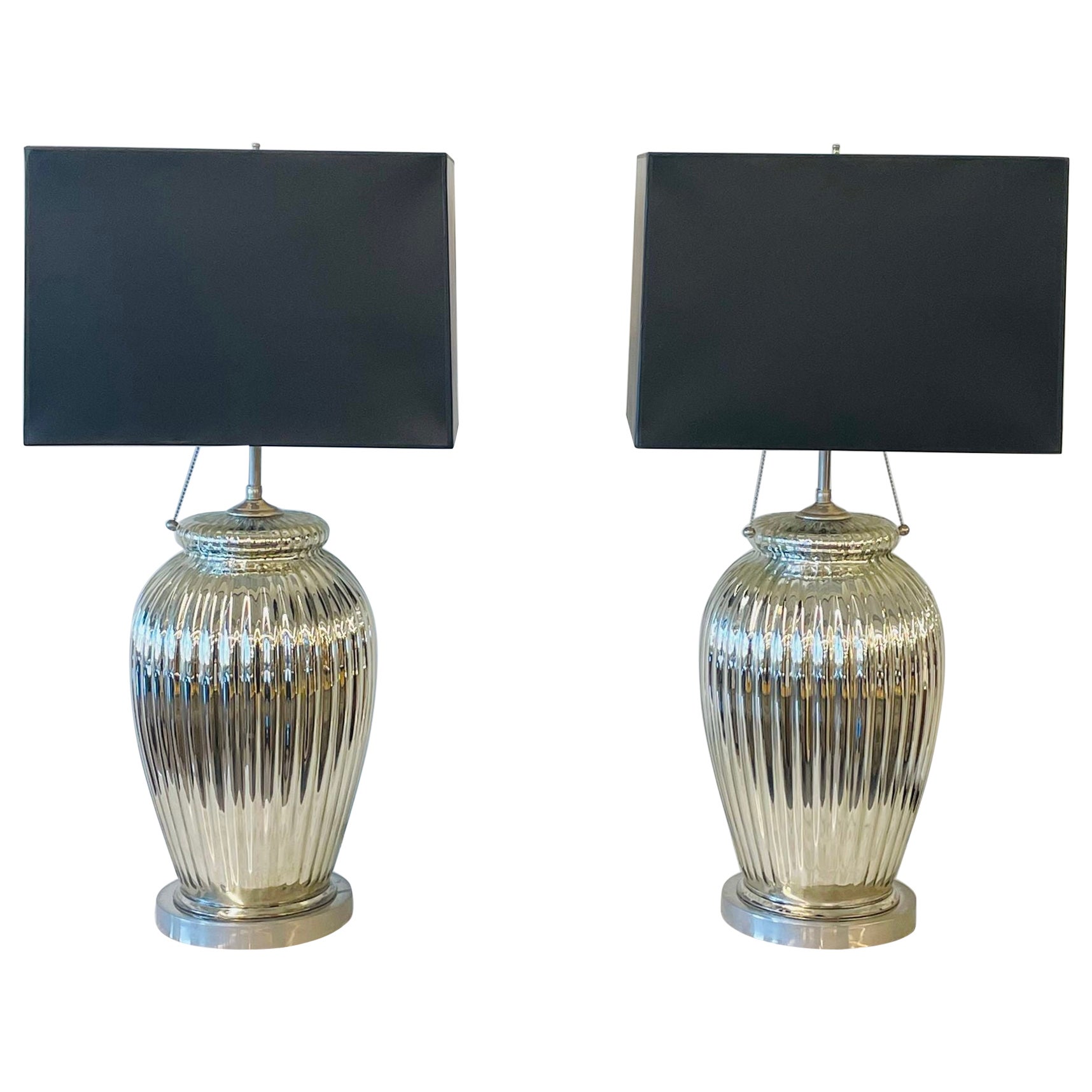 Pair of Mid-Century Modern Silver Table Lamps, Mercury Glass, Brass, Urn-Shaped For Sale