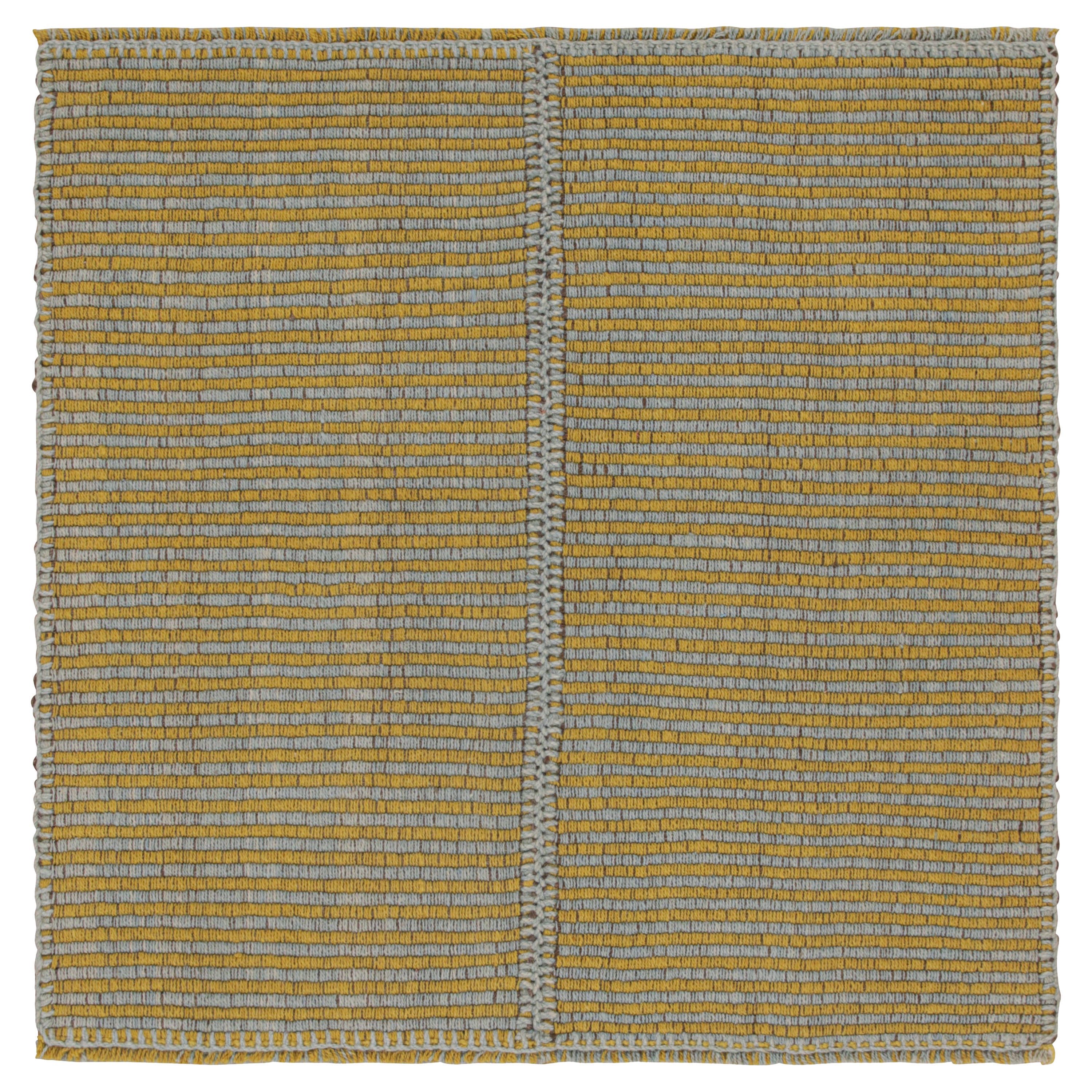 Rug & Kilim’s Contemporary Kilim in Gold and Sky Blue Stripes with Brown Accents
