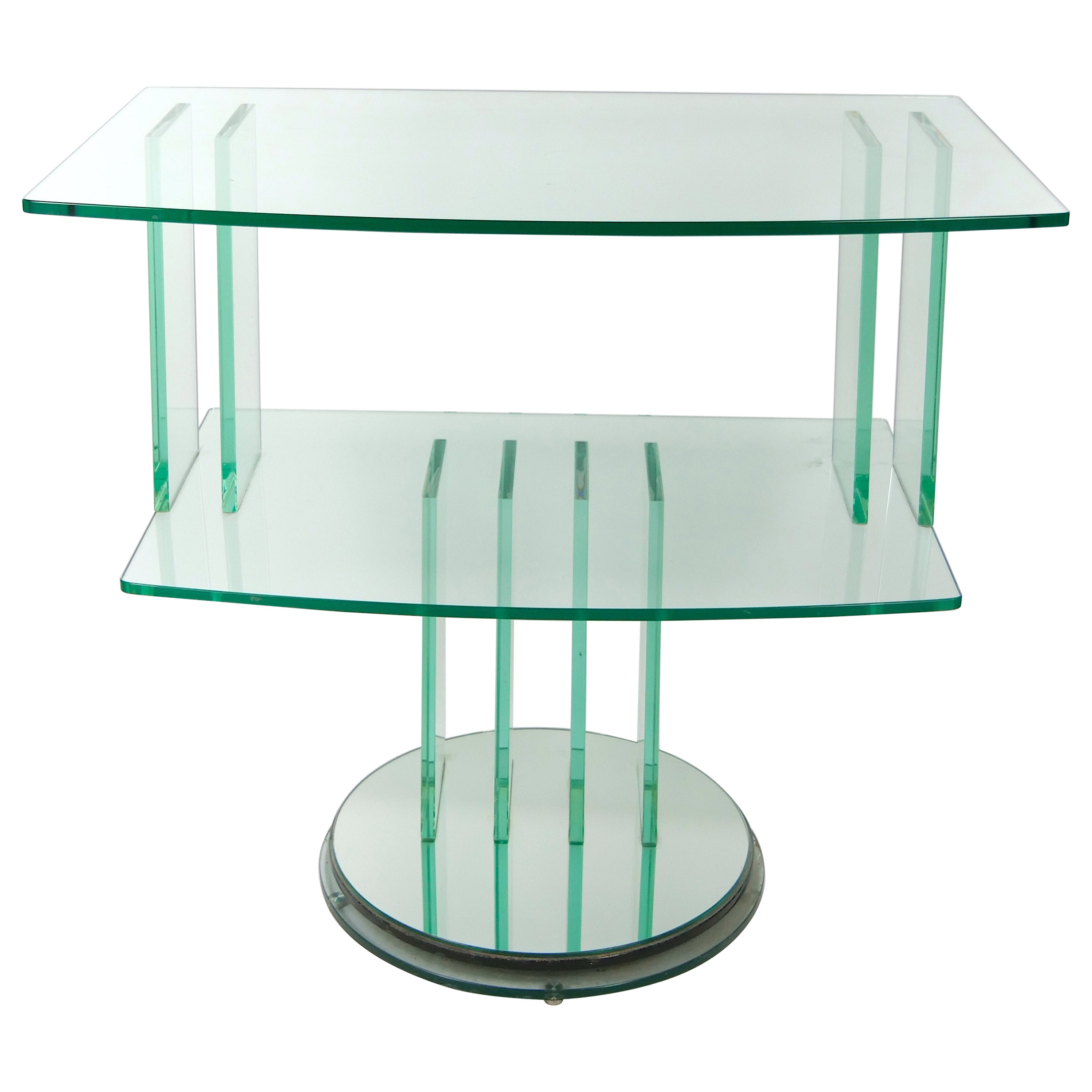 Mid Century Modern Italian Glass Shelves / Mirrored Base Swivel Bar Cart