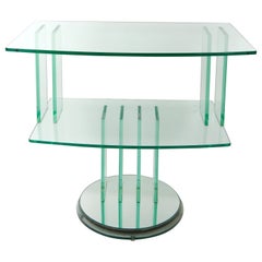 Retro Mid Century Modern Italian Glass Shelves / Mirrored Base Swivel Bar Cart