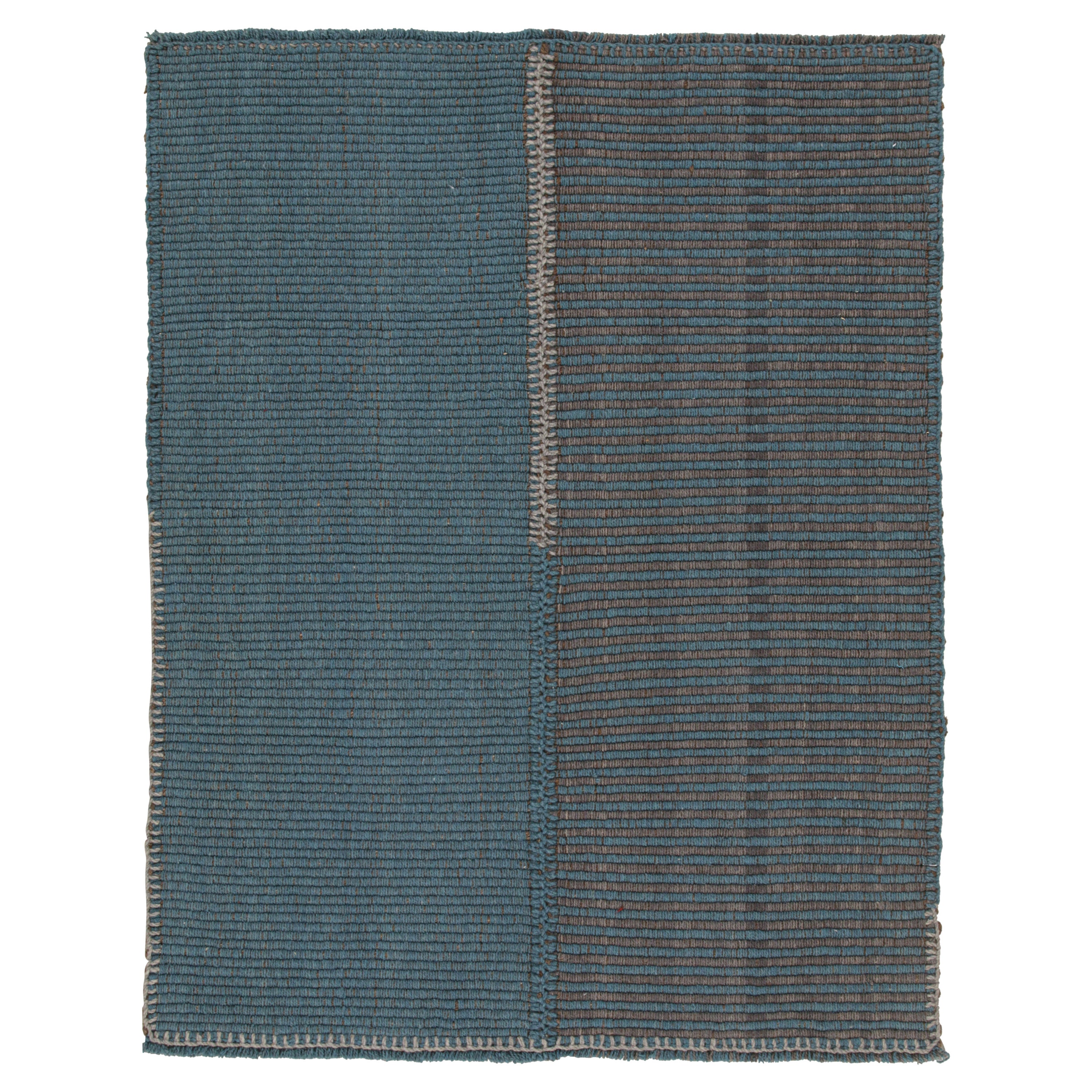 Rug & Kilim’s Contemporary Kilim in Blue and Gray Stripes with Brown Accents