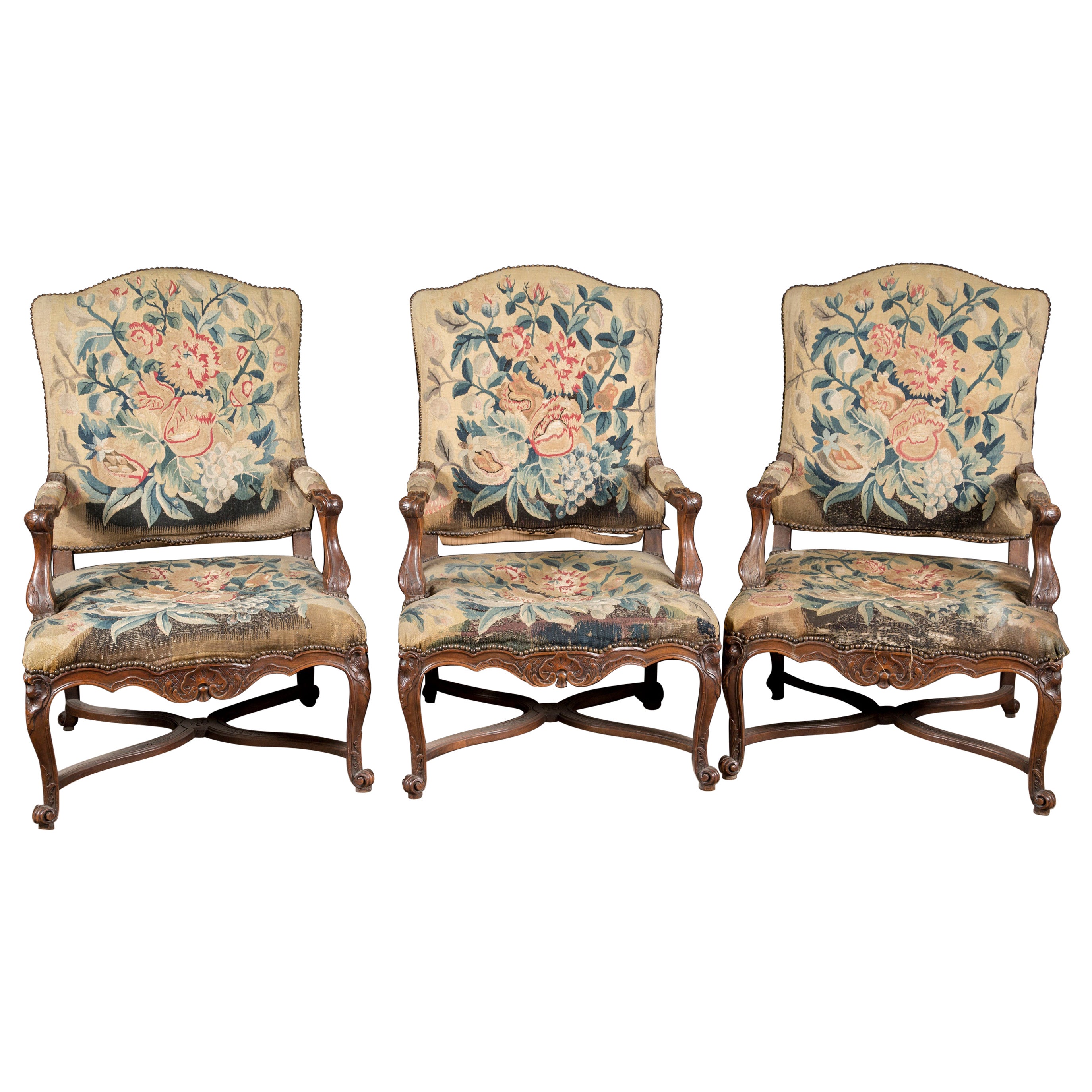 Aubusson Tapestry Walnut Armchairs, 19th Century French, Louis XV '3 Available' For Sale