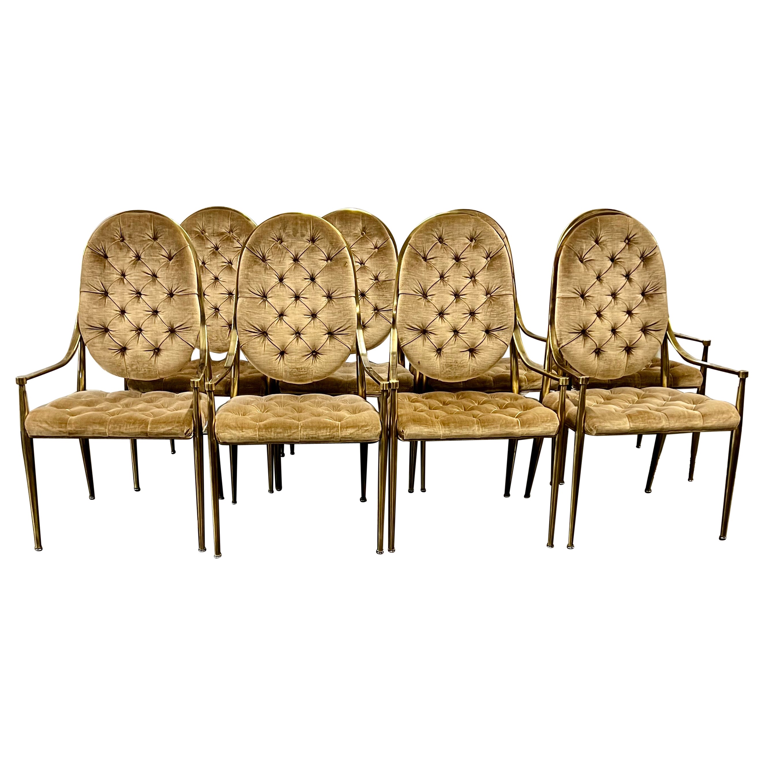 Set of Eight Mid-Century Mastercraft Brass Dining Chairs with Tufted Upholstery