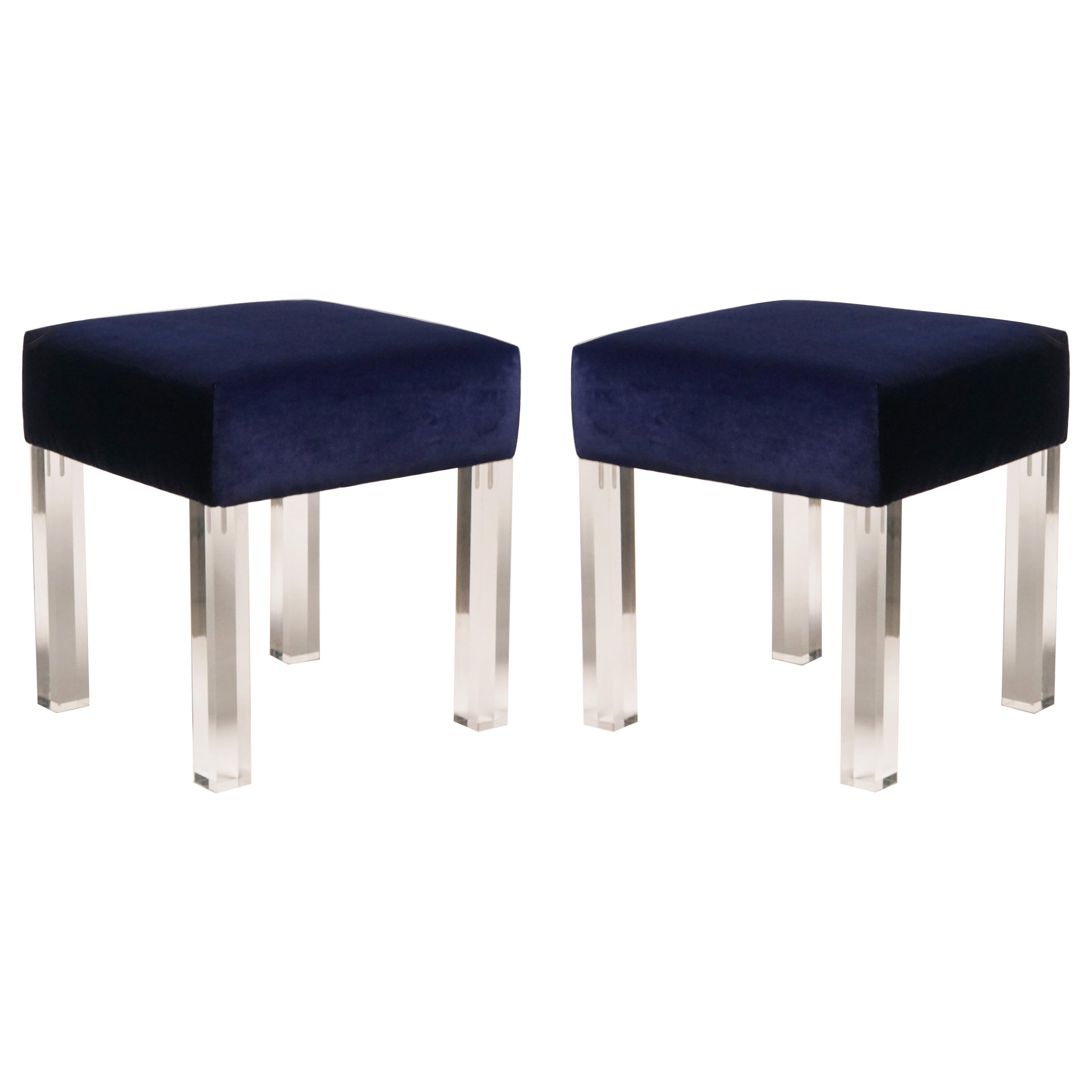 Navy Velvet Low Stool with Lucite Legs, Pair For Sale