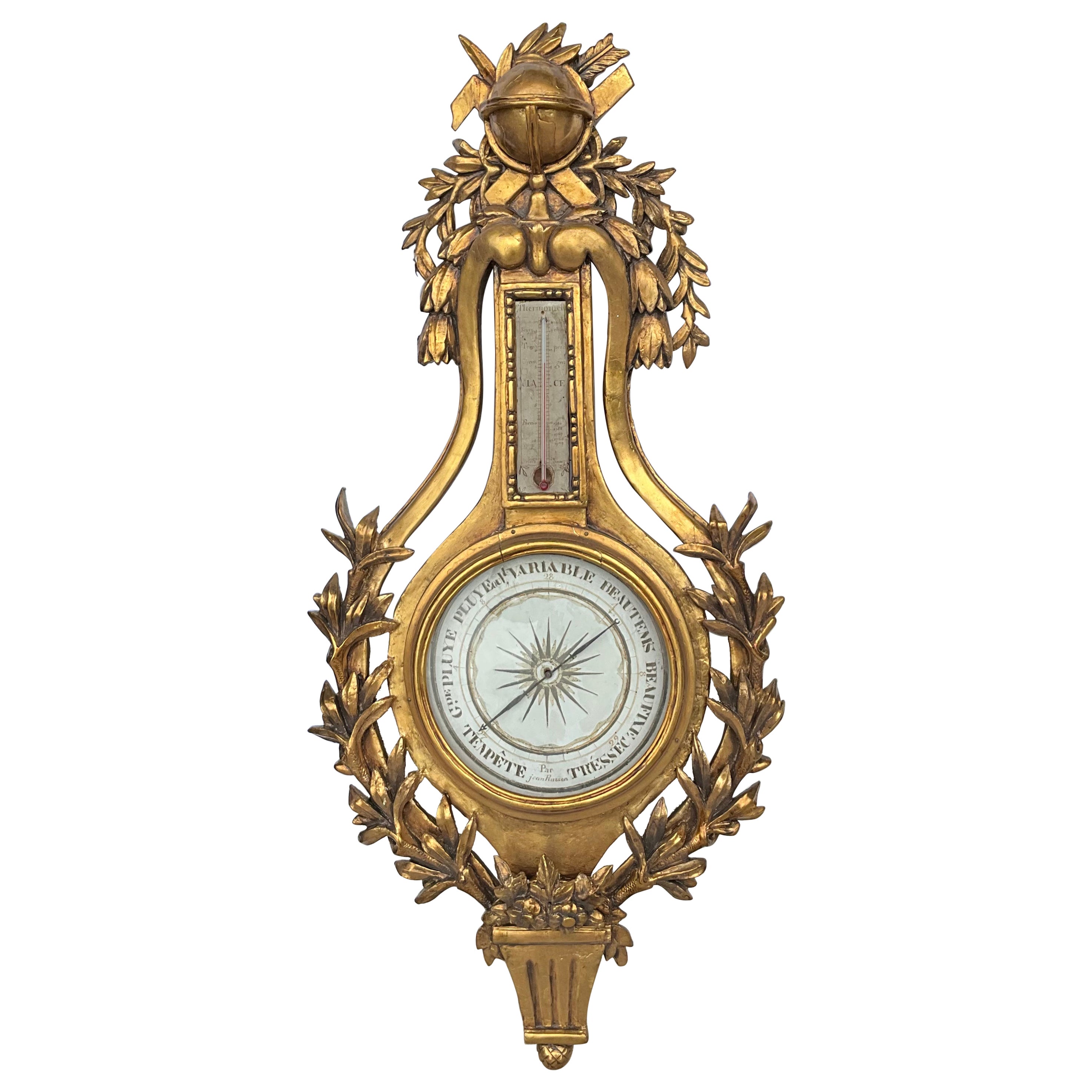 French Neo-Classical Style Louis XVI Style Carved Giltwood Barometer Wall Decor For Sale