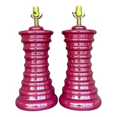 Vintage Boho Glazed Ceramic Ribbed Lamps - a Pair