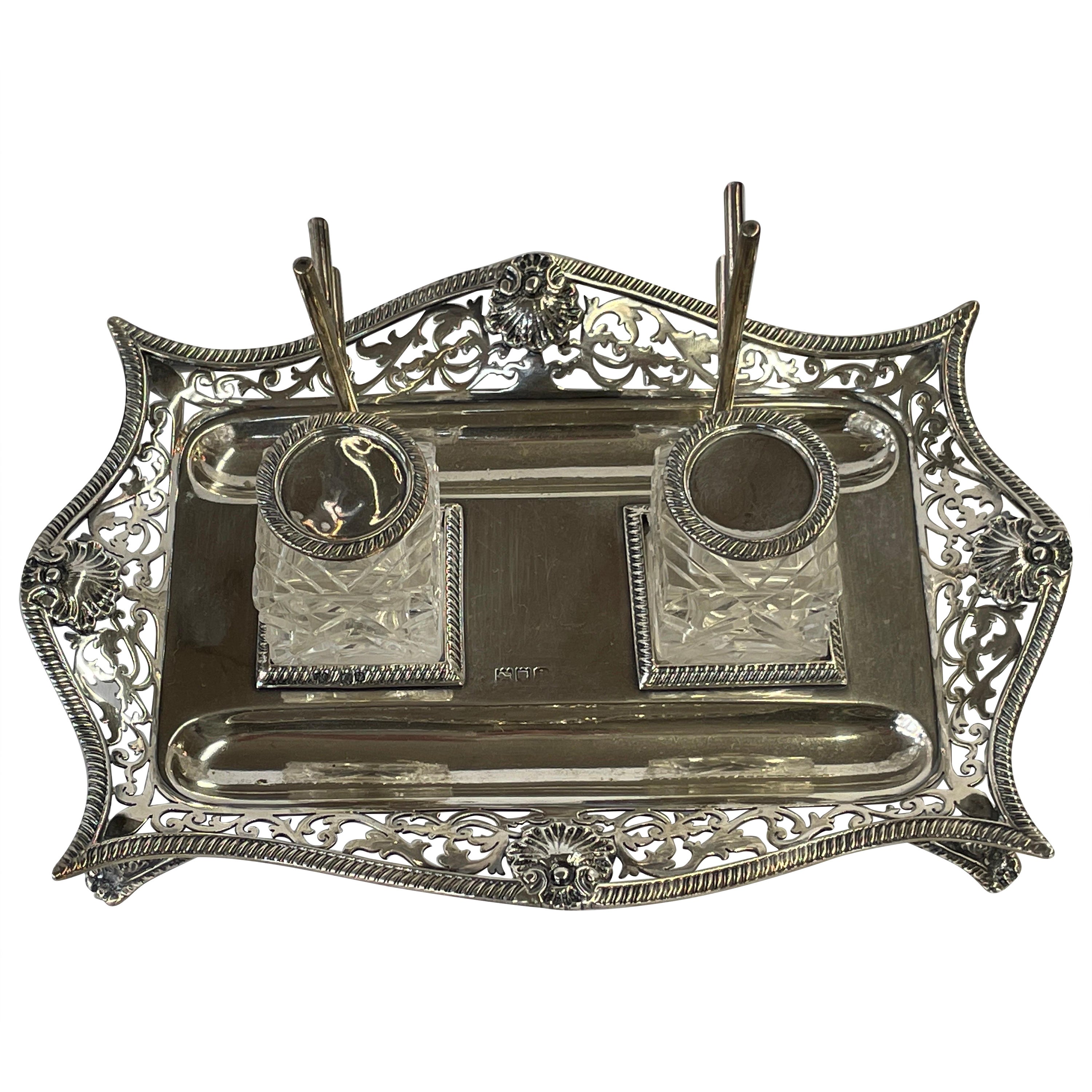 Fabulous Antique English Sterling and Cut Glass Hand Pierced Double Inkstand For Sale