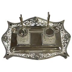 Fabulous Antique English Sterling and Cut Glass Hand Pierced Double Inkstand