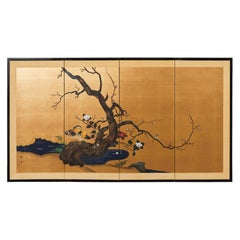 Vintage Japanese Style Four Panel Screen Flowering Prunus with Ducks