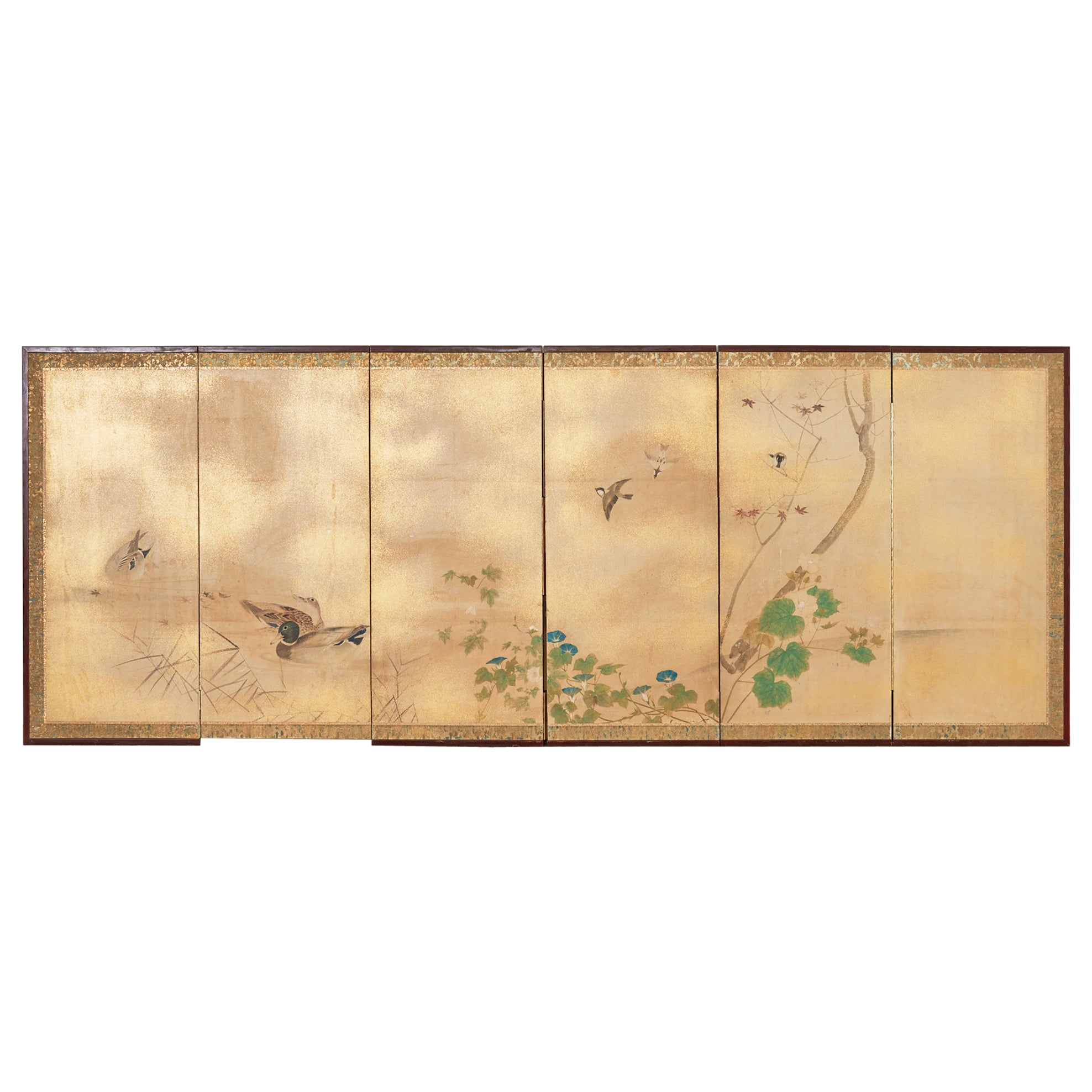 Japanese Meiji Period Six Panel Screen Ducks in Water Landscape For Sale
