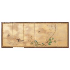 Used Japanese Meiji Period Six Panel Screen Ducks in Water Landscape