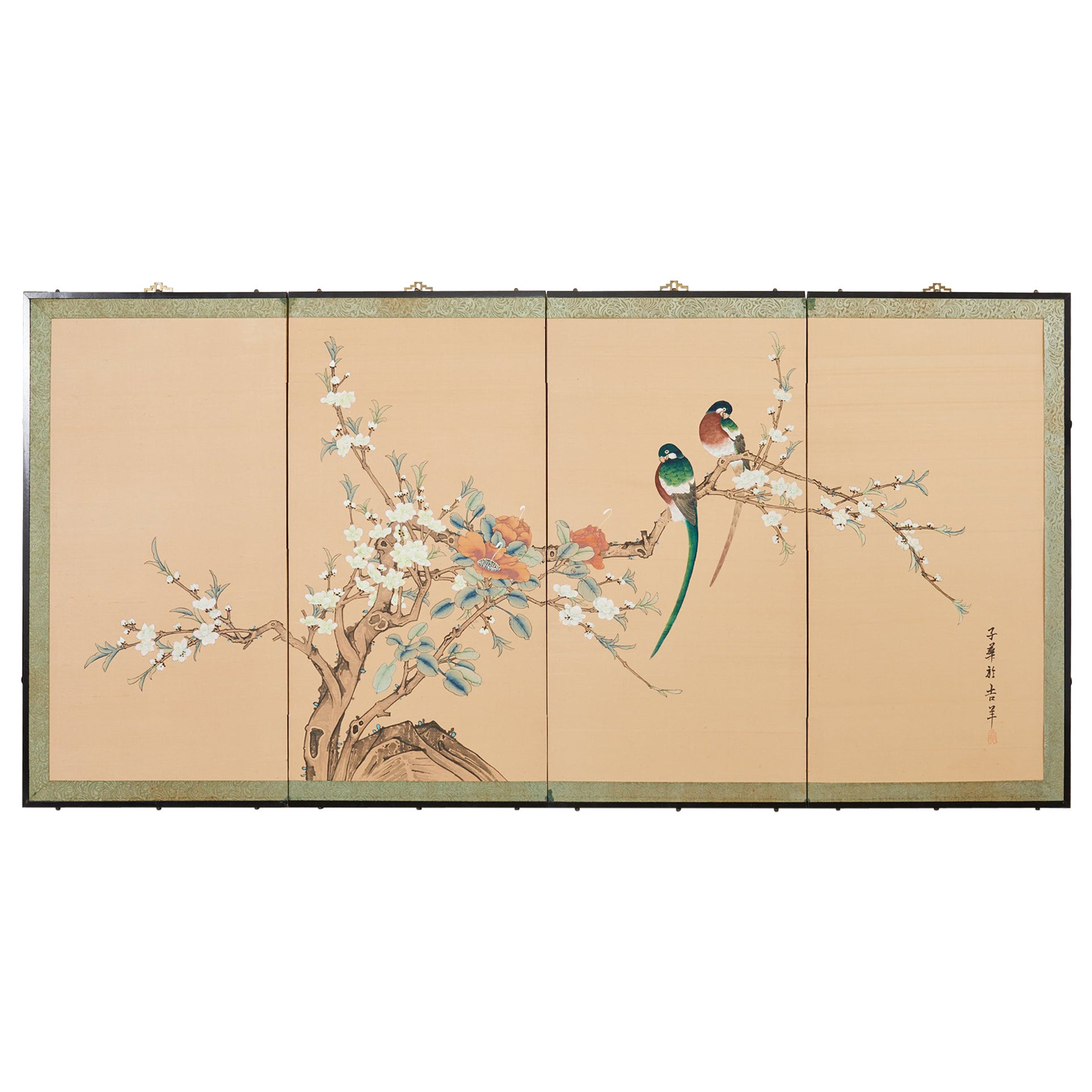Japanese Style Four Panel Screen Birds with Flowering Prunus