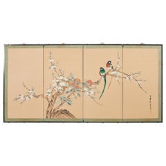 Japanese Style Four Panel Screen Birds with Flowering Prunus