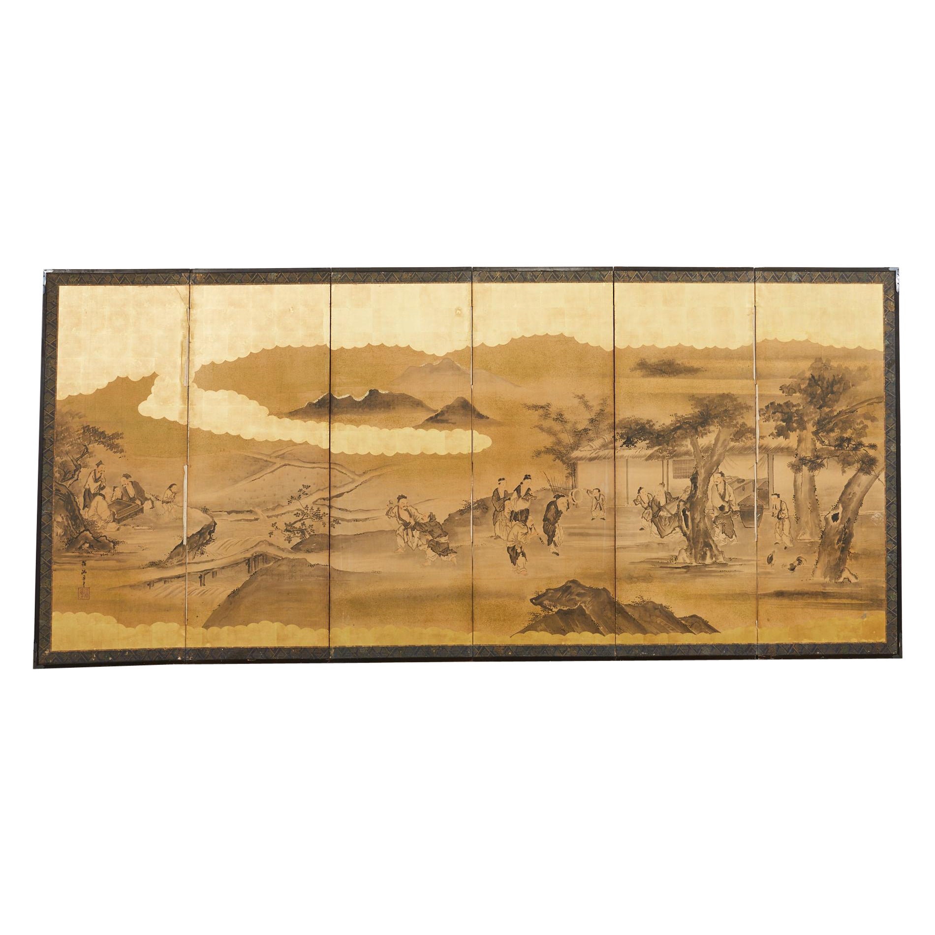 Japanischer Edo-Raumteiler mit sechs Tafeln und Merrymaking im chinesischen Landhausstil