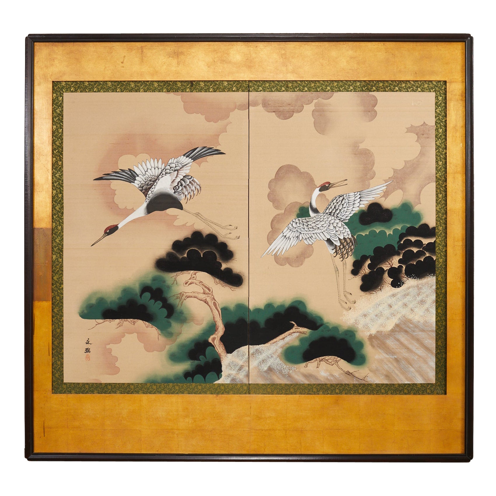 Japanese Showa Period Mounted Screen Manchurian Cranes with Pines For Sale