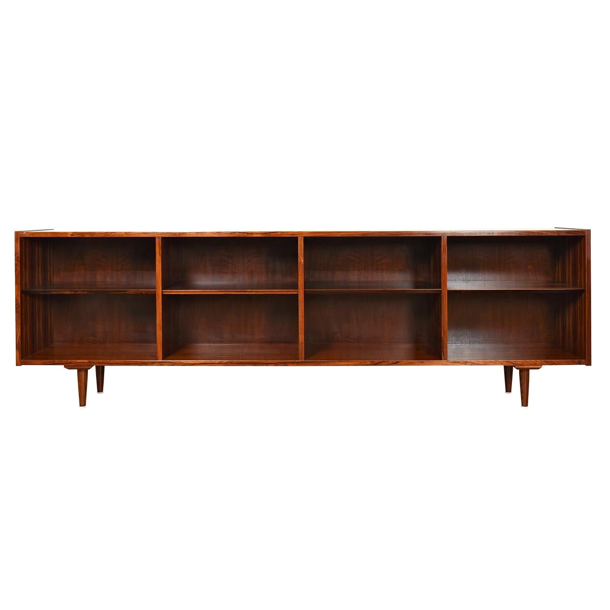 Long + Low Danish Rosewood Open Bookcase Storage For Sale