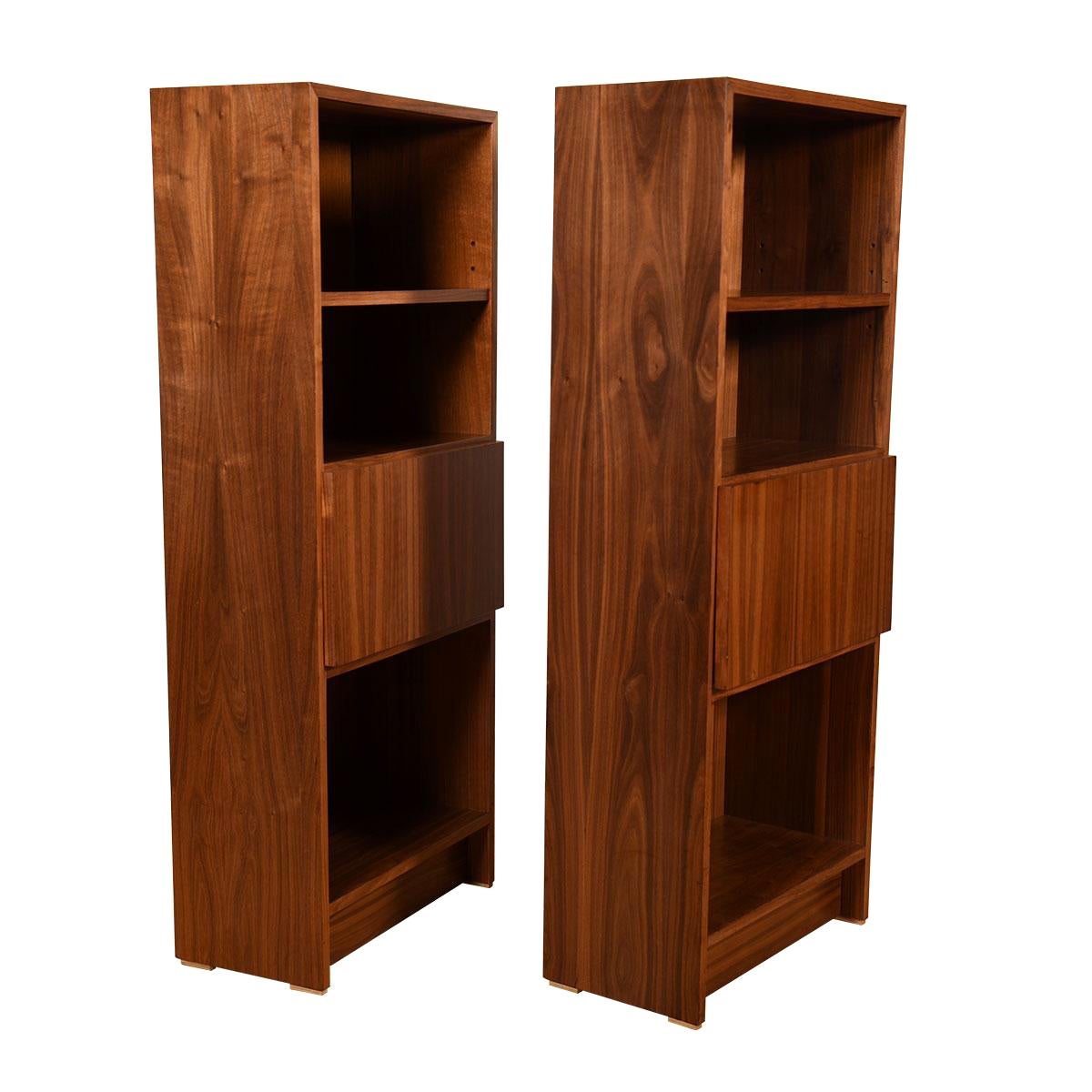 Pair of Mini Danish Walnut Bookcases with Closed Storage and Drop-Down Shelf For Sale