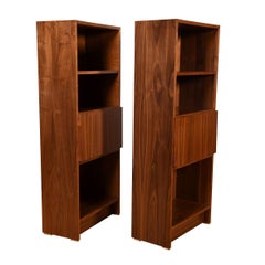 Retro Pair of Mini Danish Walnut Bookcases with Closed Storage and Drop-Down Shelf