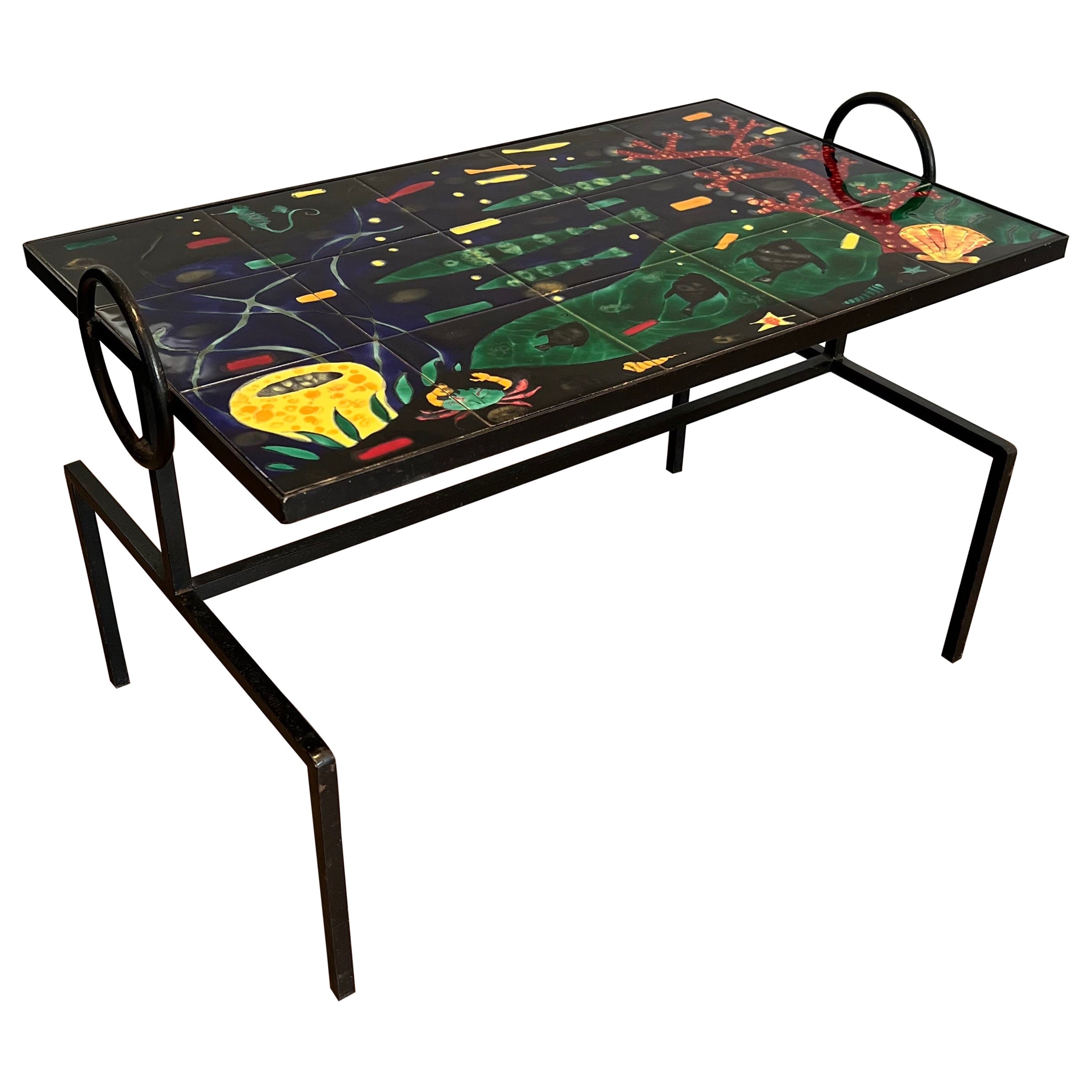 Table basse en métal laqué noir avec plateau en céramique en vente