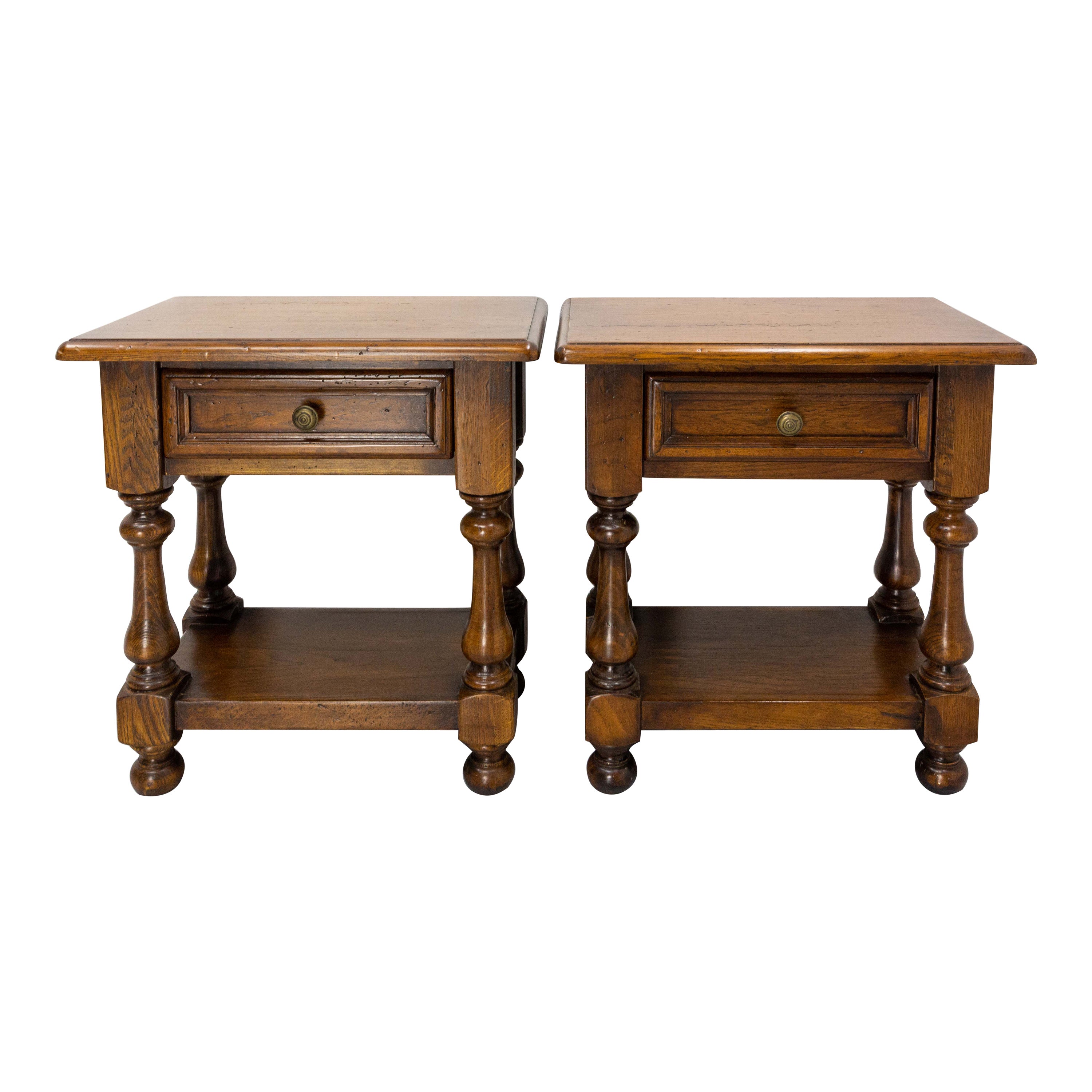 French Pair of Nightstands Side Cabinets Bedside Massive Oak, circa 1980