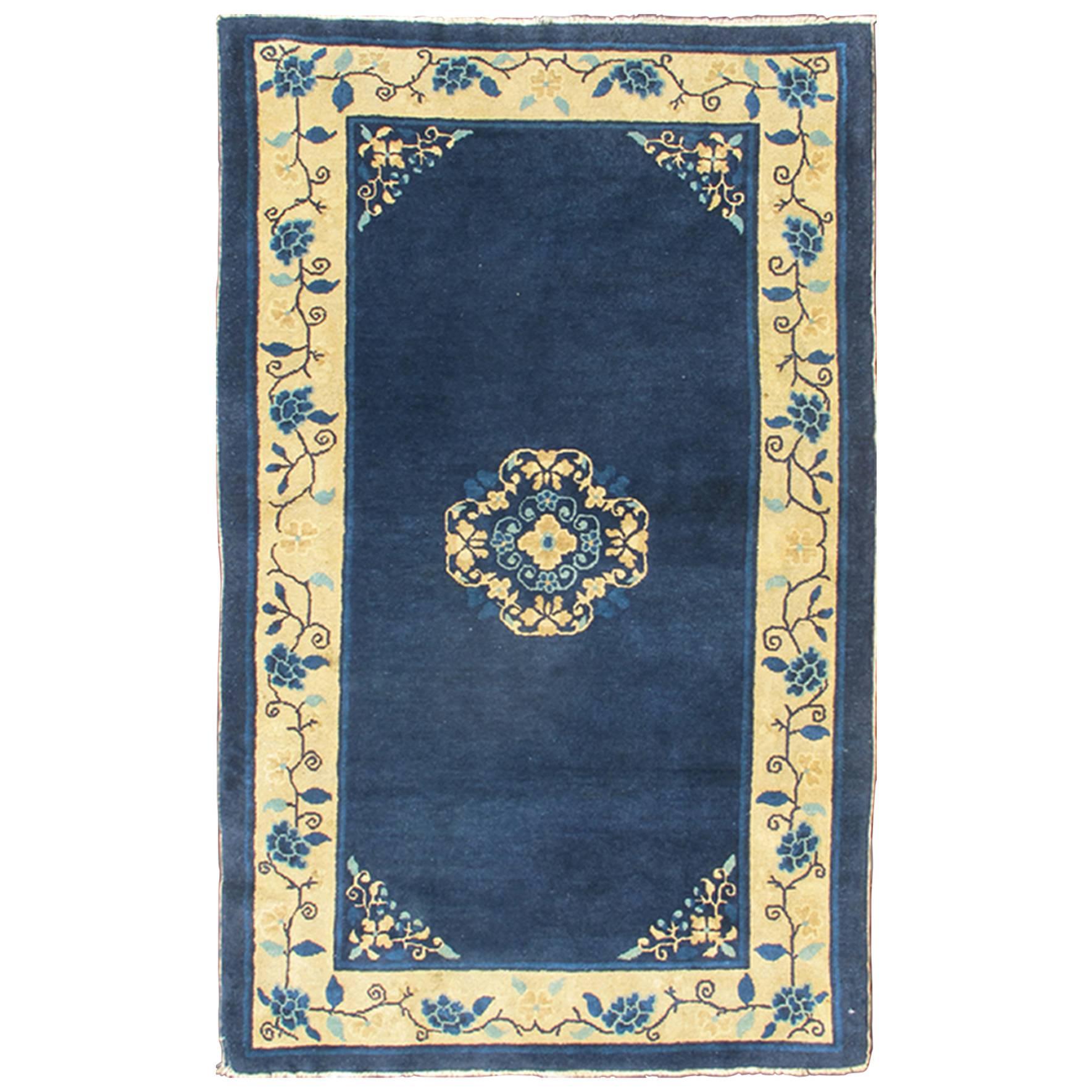 Antique Chinese Peking Carpet in Dark Blue Background For Sale