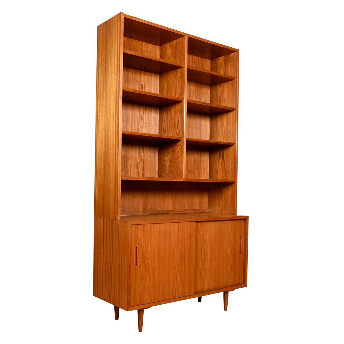 Danish Teak 2-Pc Bookcase Display Top with Sliding Door Storage Cabinet Below For Sale