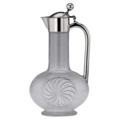 Pichet à vin allemand du 20ème siècle en argent massif et verre gravé, vers 1900