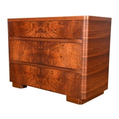 Plush Burled Walnut Art Deco 3-Deep Drawered Chest