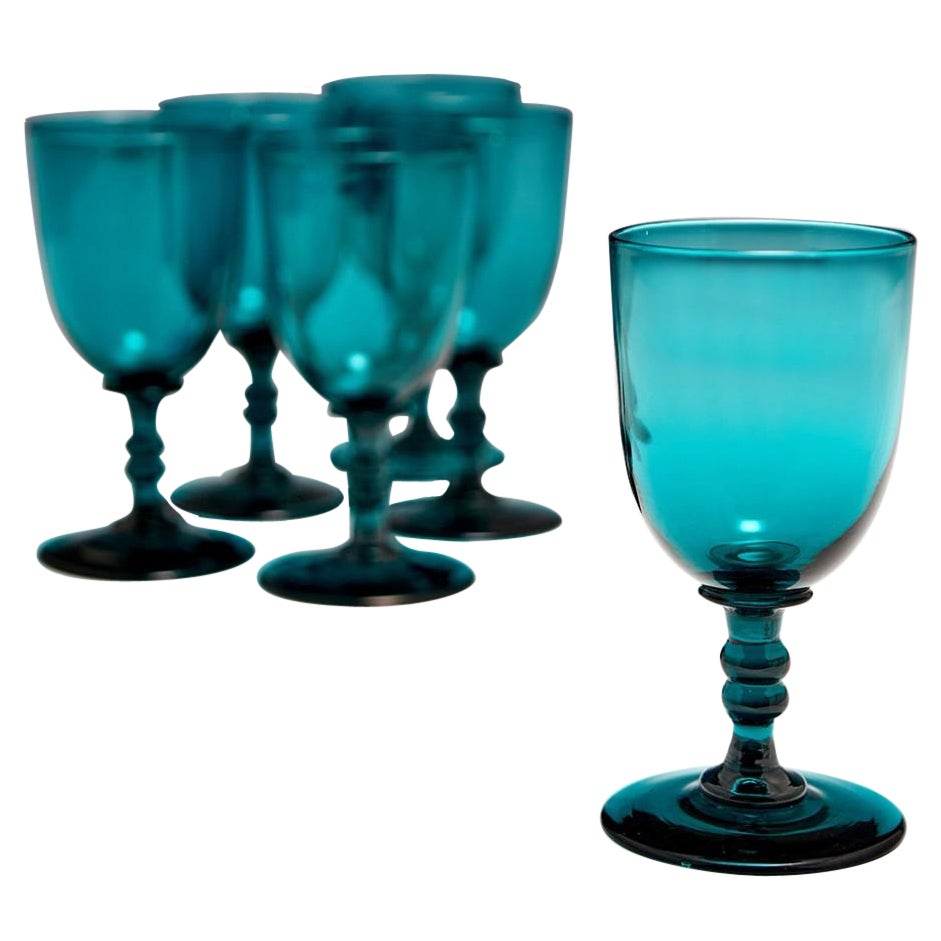 A Set of 6 Victorian Peacock Blue Wine Glasses, c1855