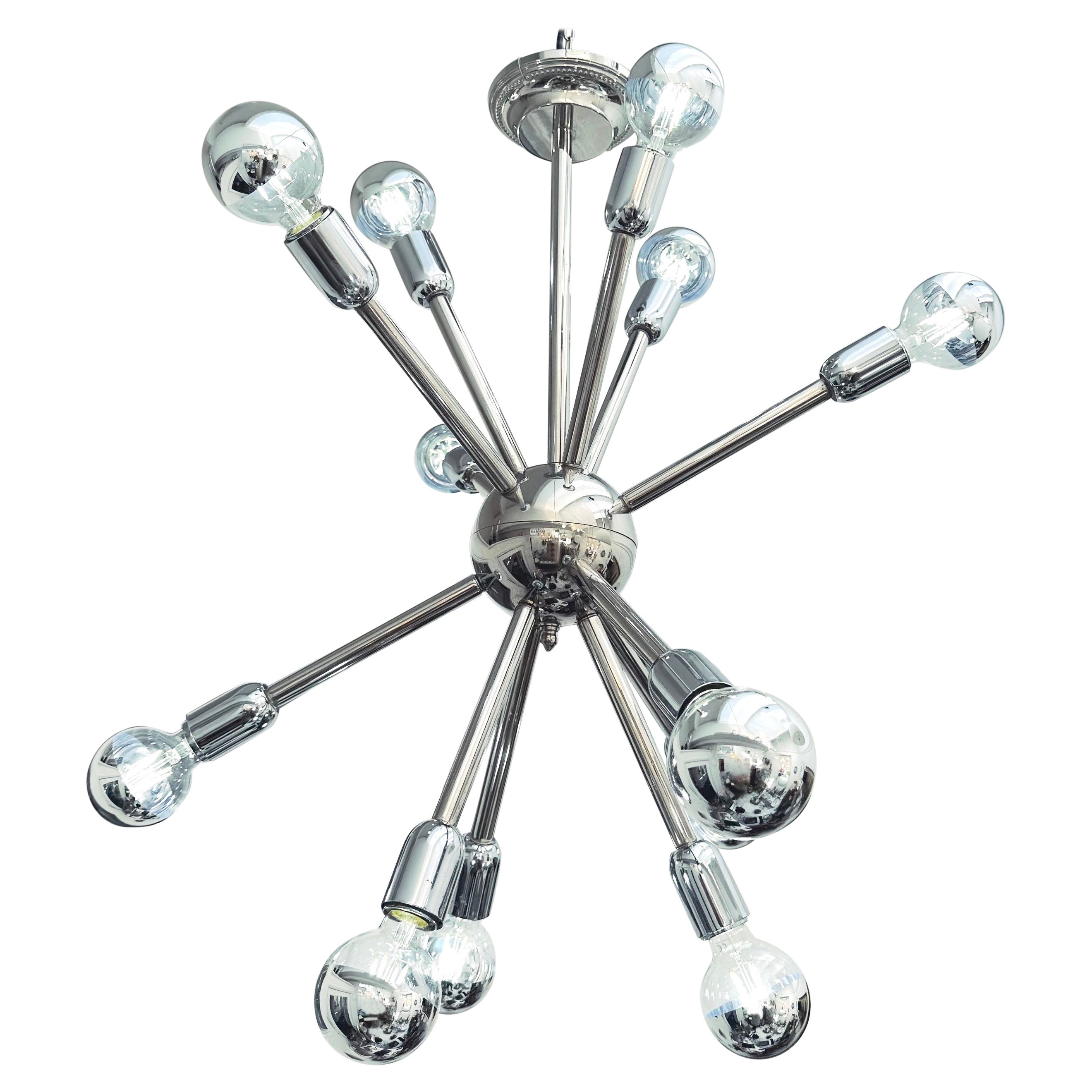 1970s Vintage German Polished Chrome 11 Arm Sputnik Ceiling Light, 3 Available For Sale