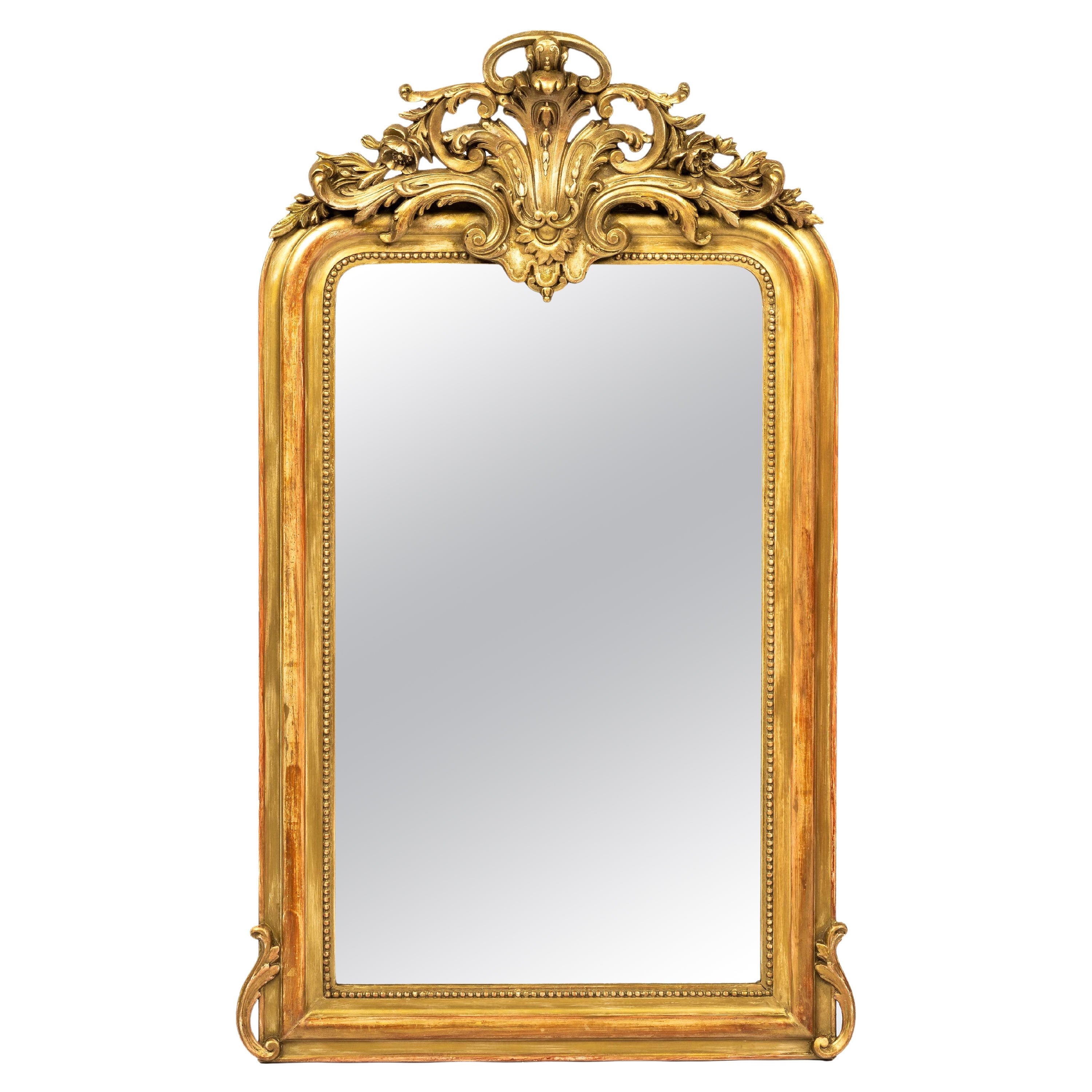 Antique 19th Century French Worn Gold Leaf Gilt Louis Philippe Mirror with Crest For Sale