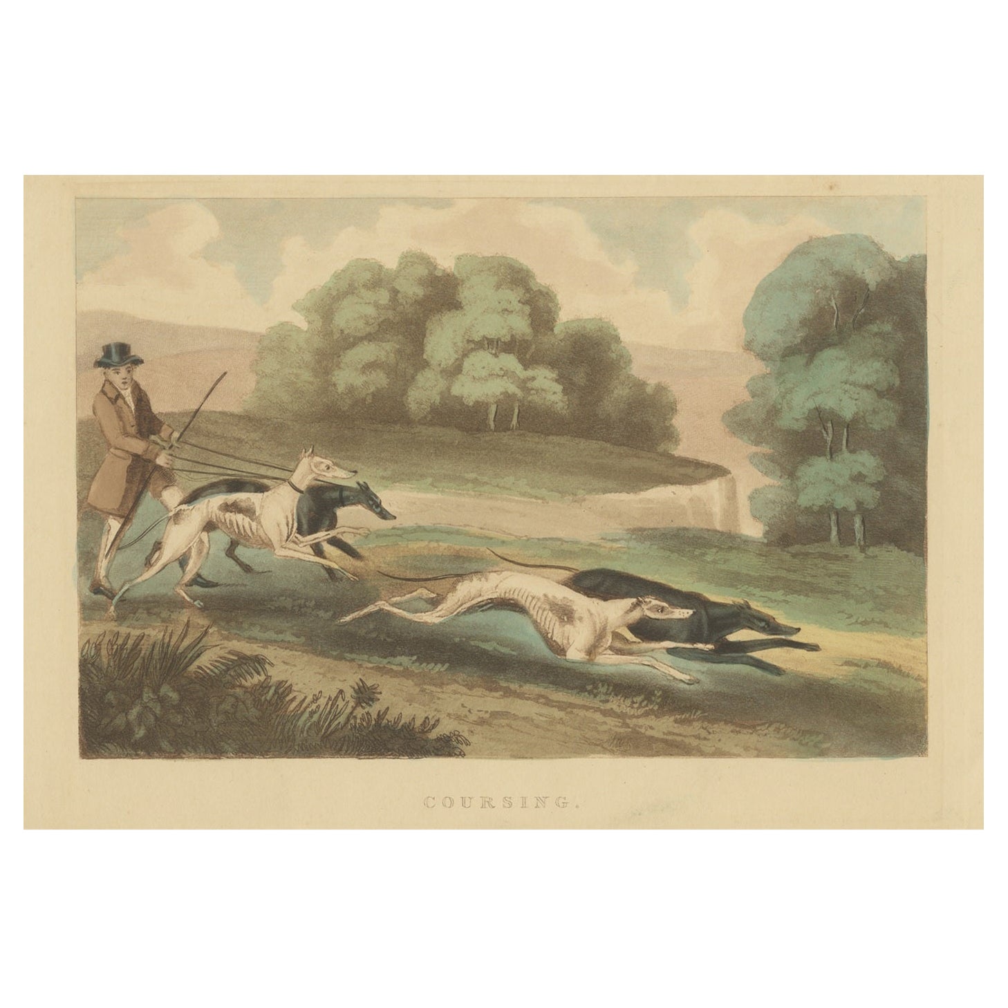 Antique Print of Hunting Dogs Chasing, circa 1880 For Sale