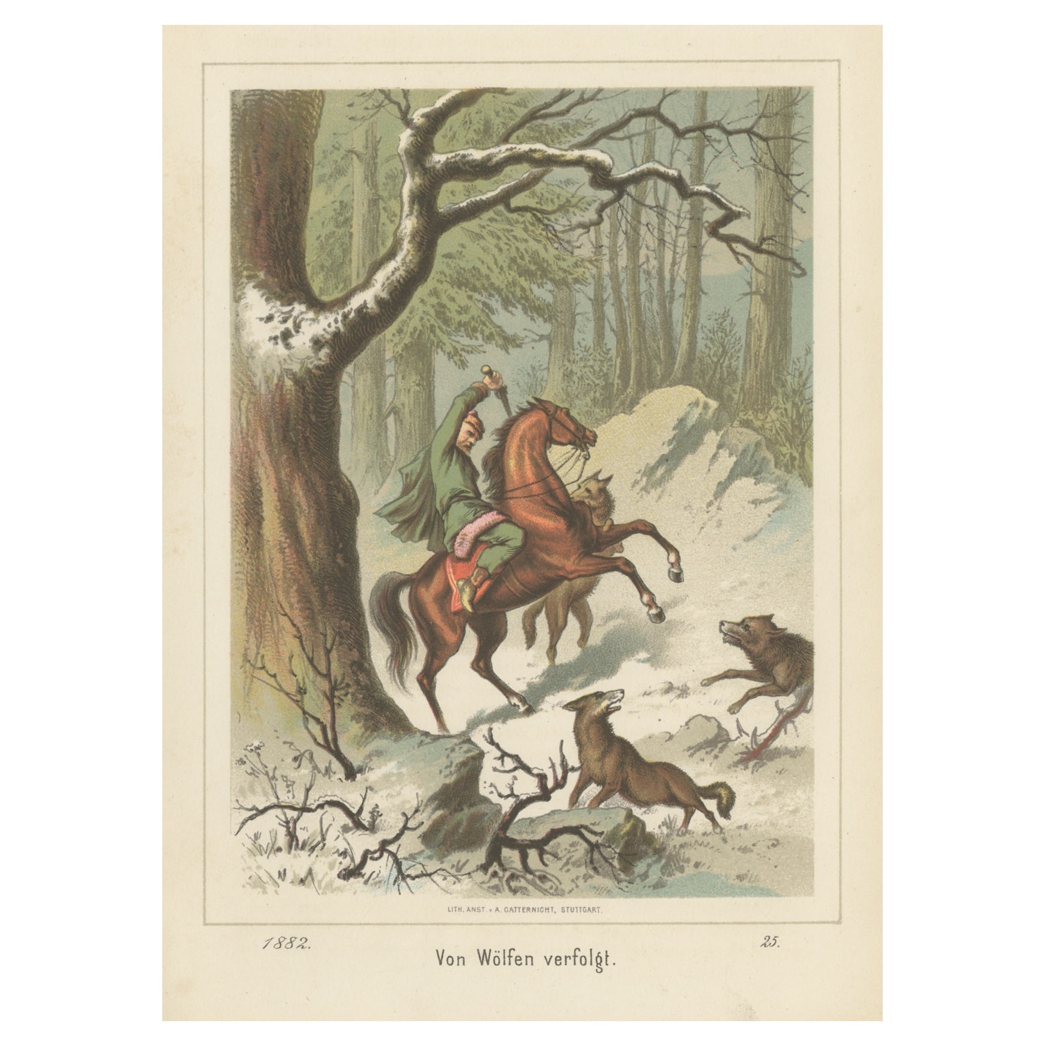 Antique Print of a Man on a Horse Chased by Wolves