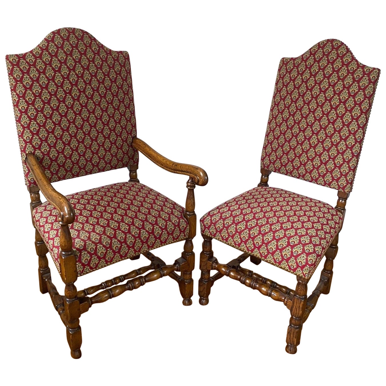 English-Made Late 17th Century Style Solid Oak High Back Side & Arm Chair For Sale