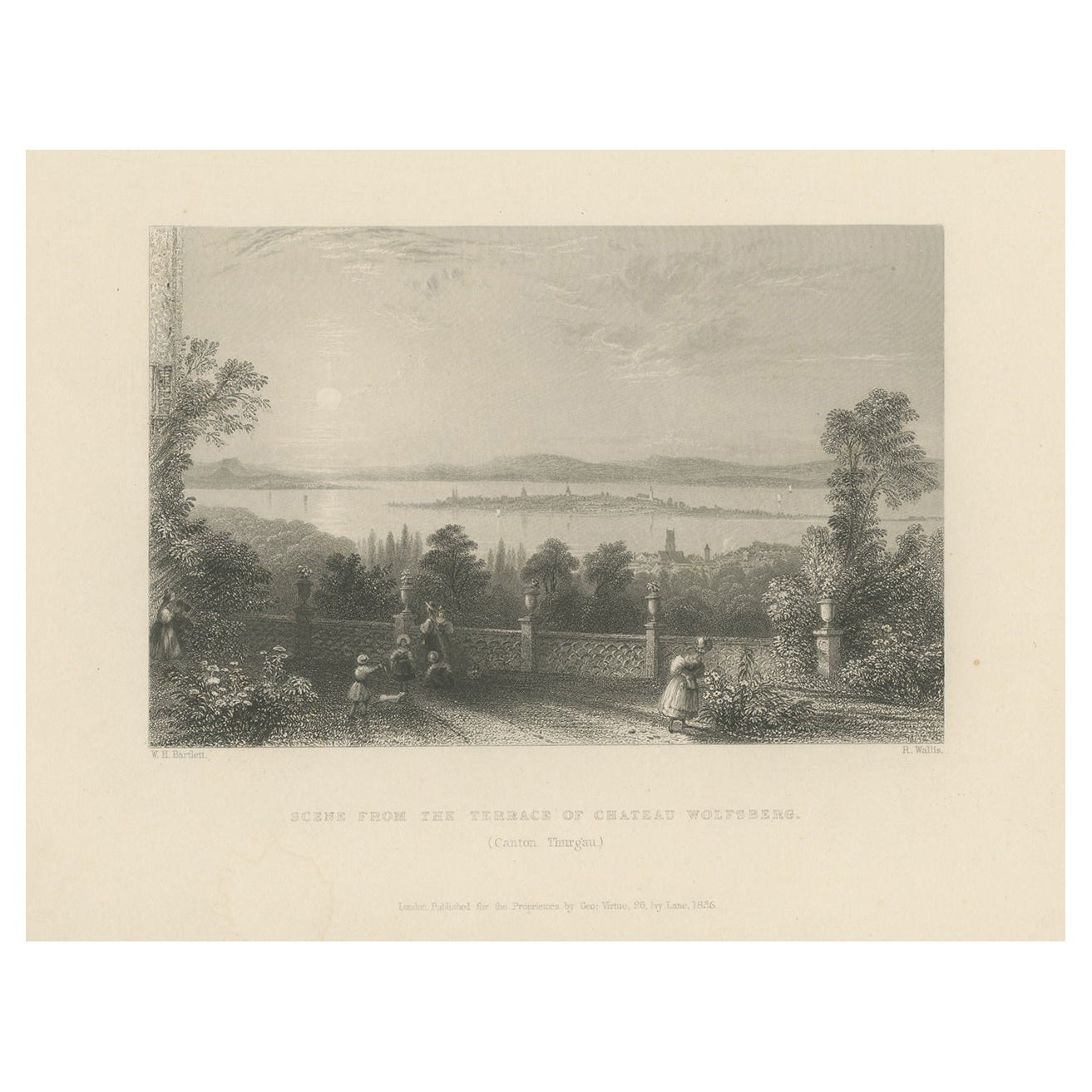 Antique Print of the Terrace of Château Wolfsberg, Switzerland, 1836 For Sale