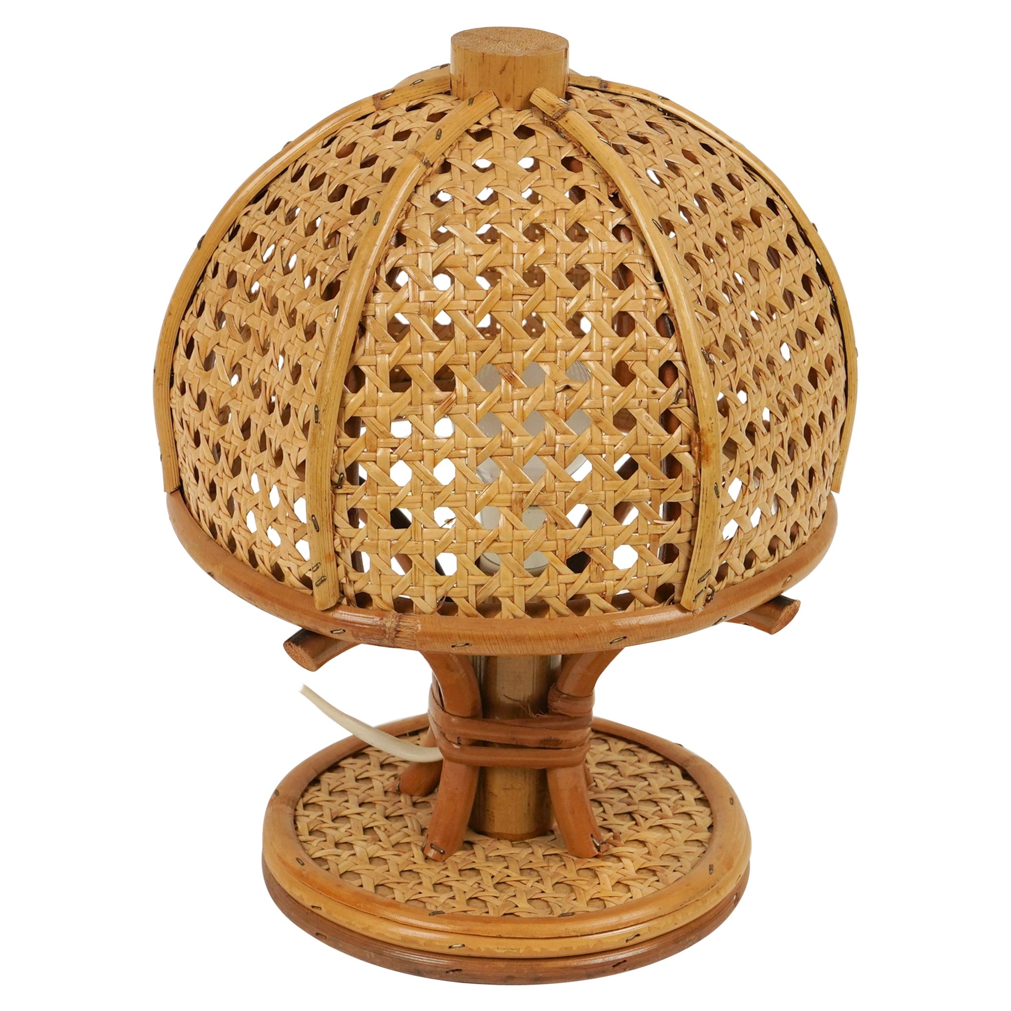 Midcentury Bamboo and Rattan Table Lamp Louis Sognot Style, Italy, 1970s For Sale