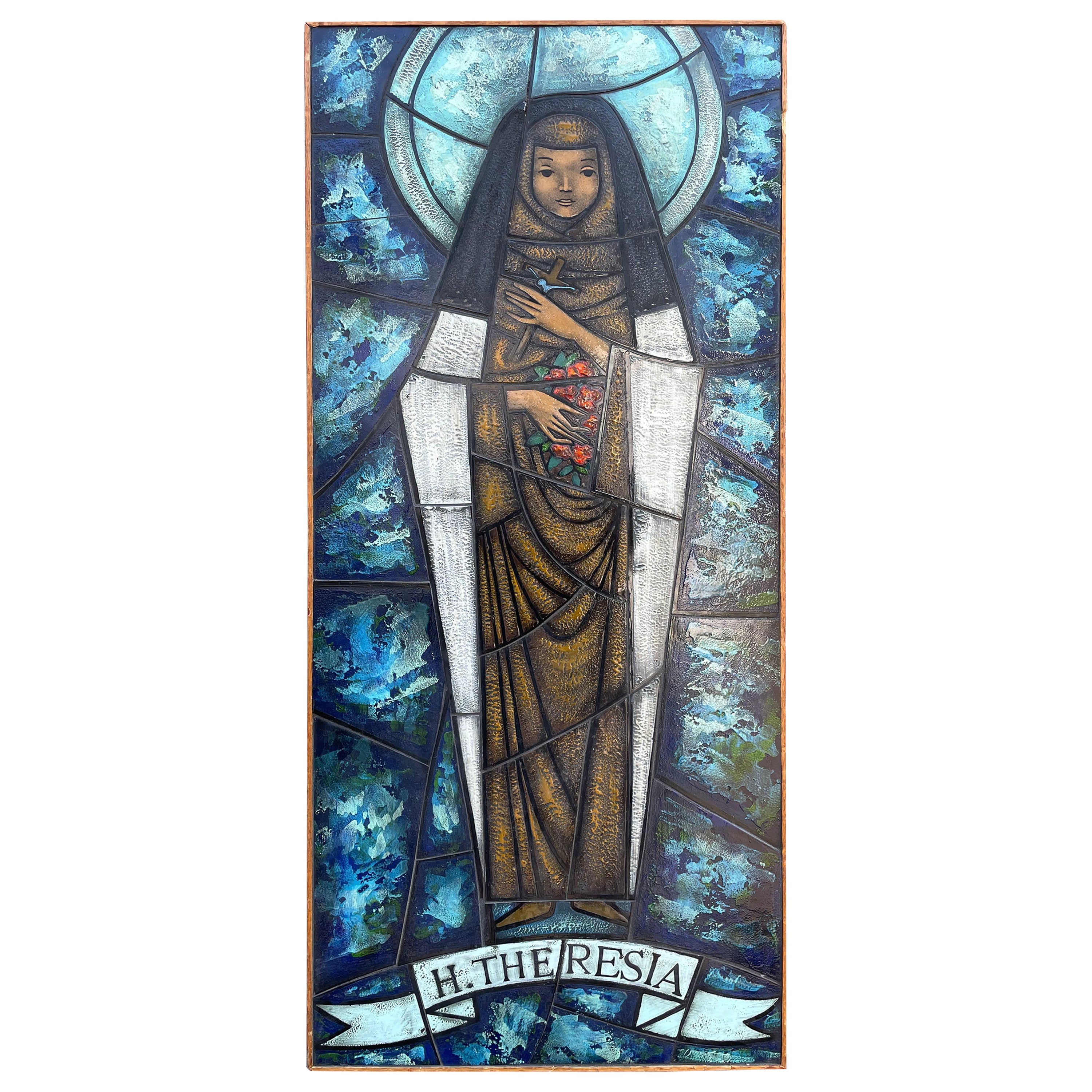 Hand Painted and Great Colors Midcentury Glass Mosaic Picture of Saint Theresia For Sale